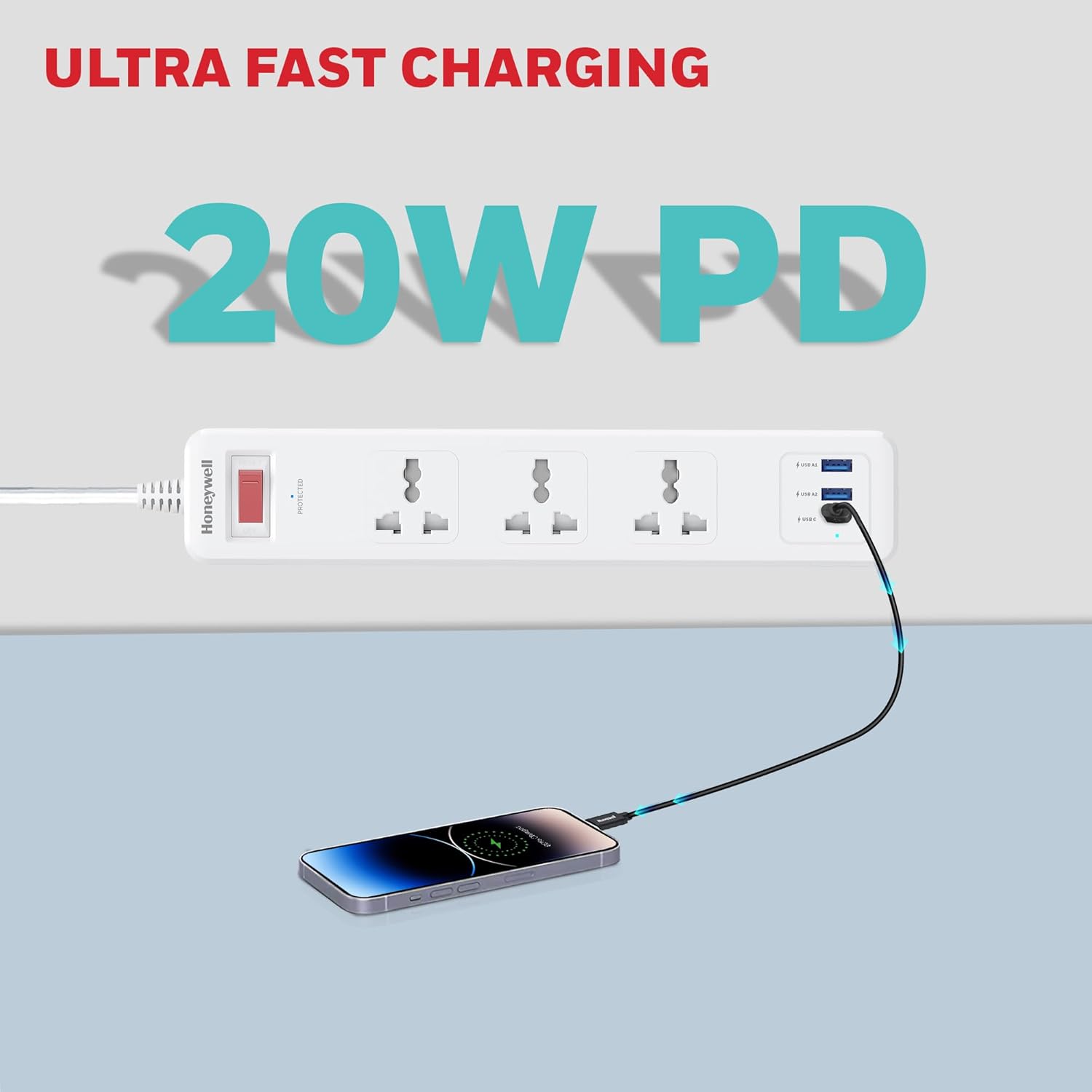 Honeywell 3 Out Surge Protector with Master Switch, Spike Guard/Extension board, 3 Outlet, PD20W & 2xUSB, 471 Joules, 1.8 Meter Cord, DSW, Automatic Overload Protection- White
