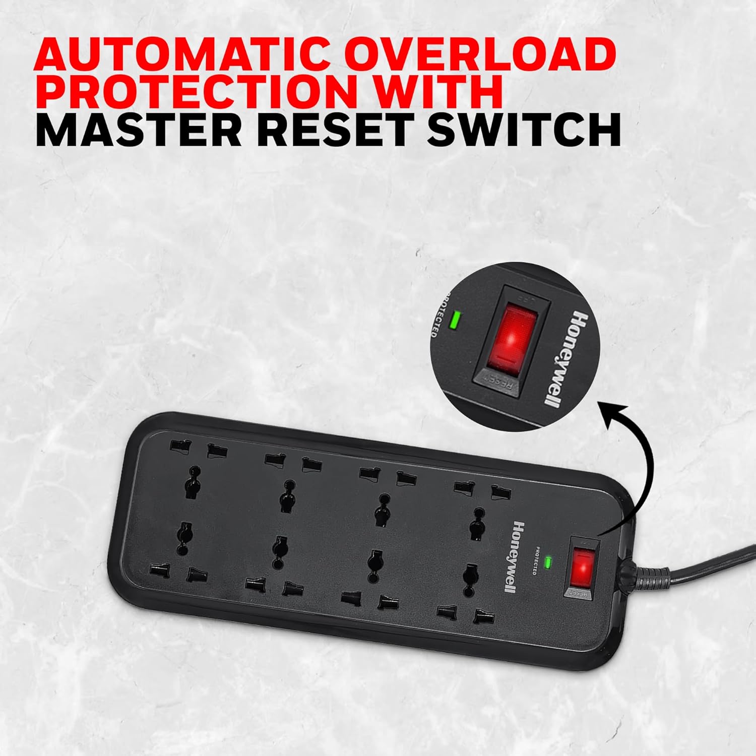 Honeywell 8 Universal Sockets Surge Protector, 2 Meter Cord, 20000Amp, Device Secure Warranty, Automatic Overload Protection,Spike Guard/Extension board, Master Switch