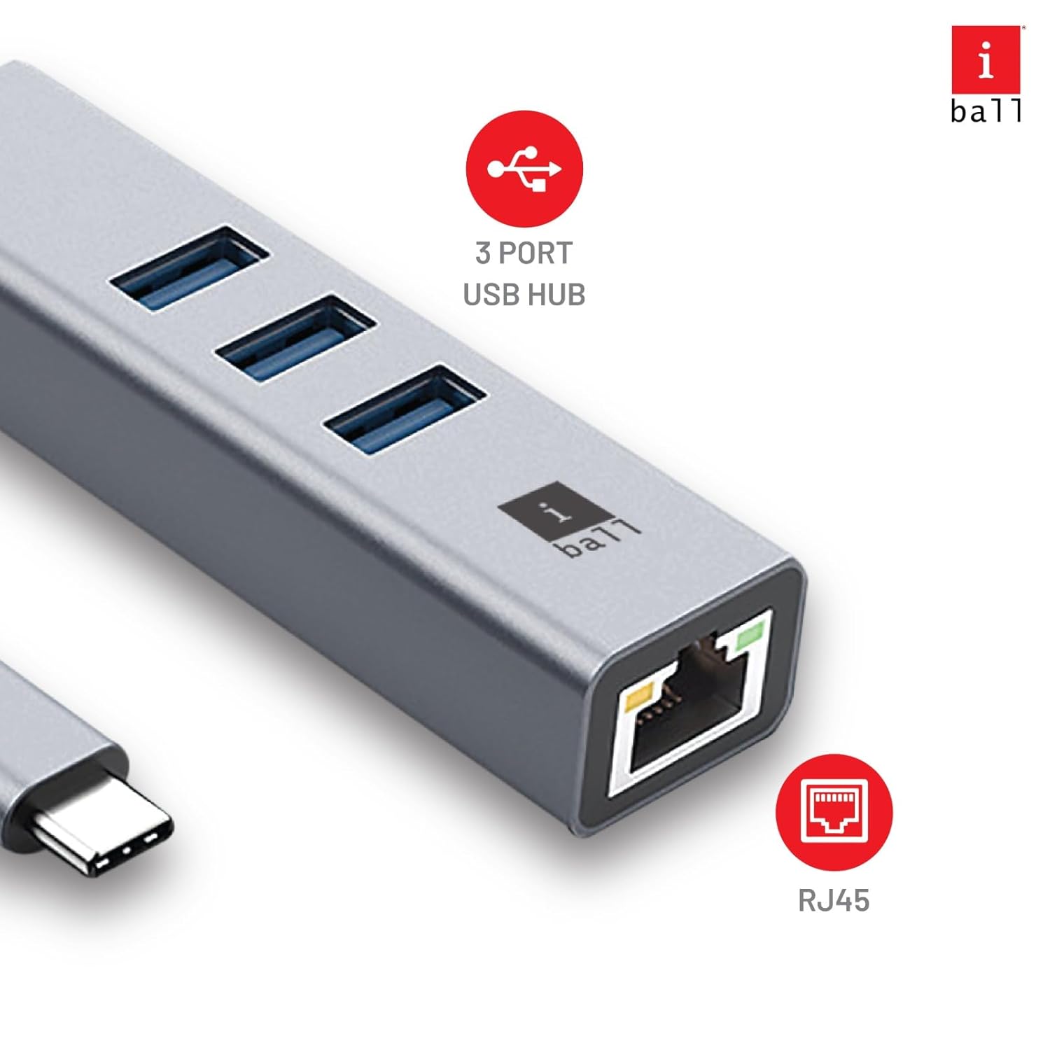 iBall Bridge 400C USB Type-C to USB 3.0 Hub + Gigabit Multifunctional Adapter, 4-in-1, USB 3.0 x 3-Ports Hub with 1000 Mbps Ethernet Port