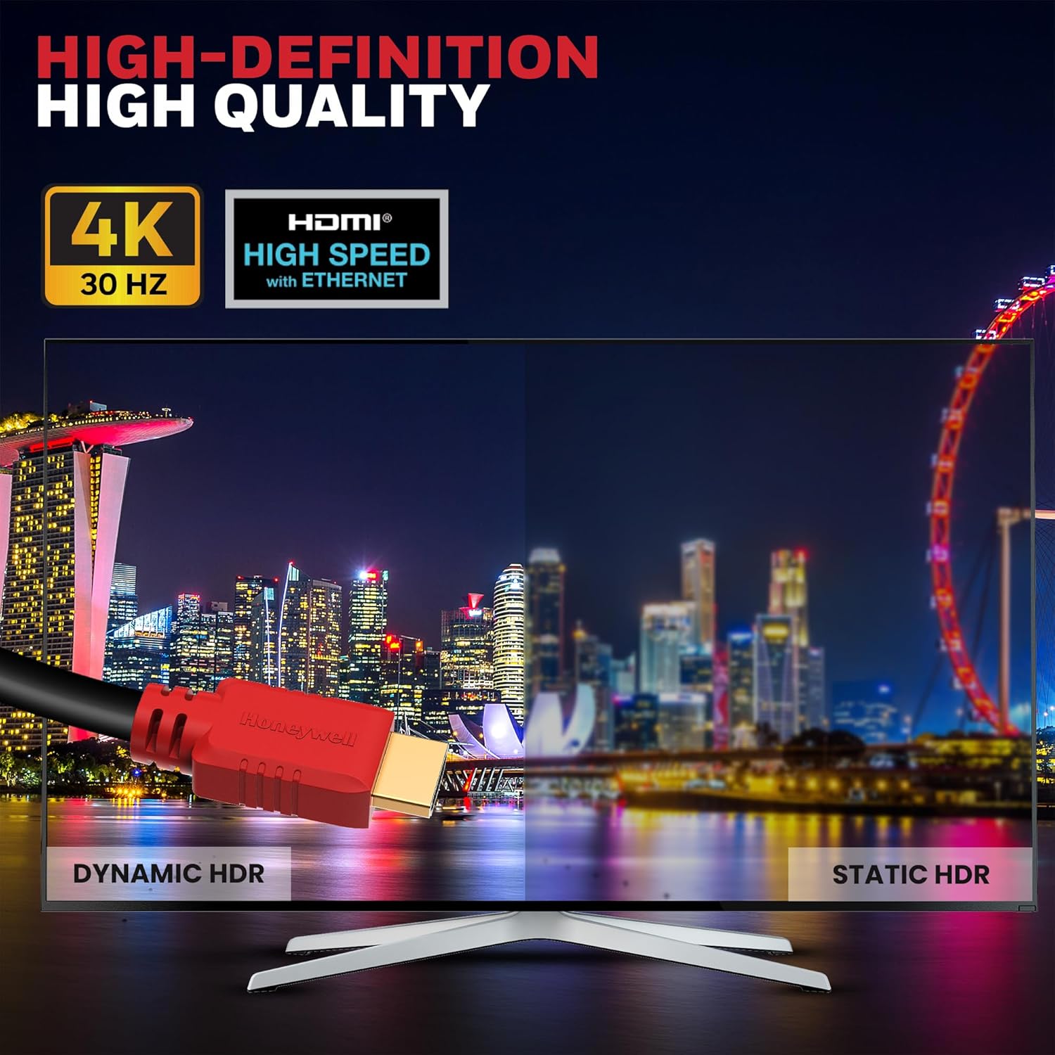 Honeywell HDMI Cable v1.4 with Ethernet, 3D/4Kx2K Ultra HD Resolution, 32.8ft/10 Meter, 10.2 GBPS Transmission Speed, Compatible with All HDMI Devices Laptop Desktop TV Set-top Box Gaming Console-Black