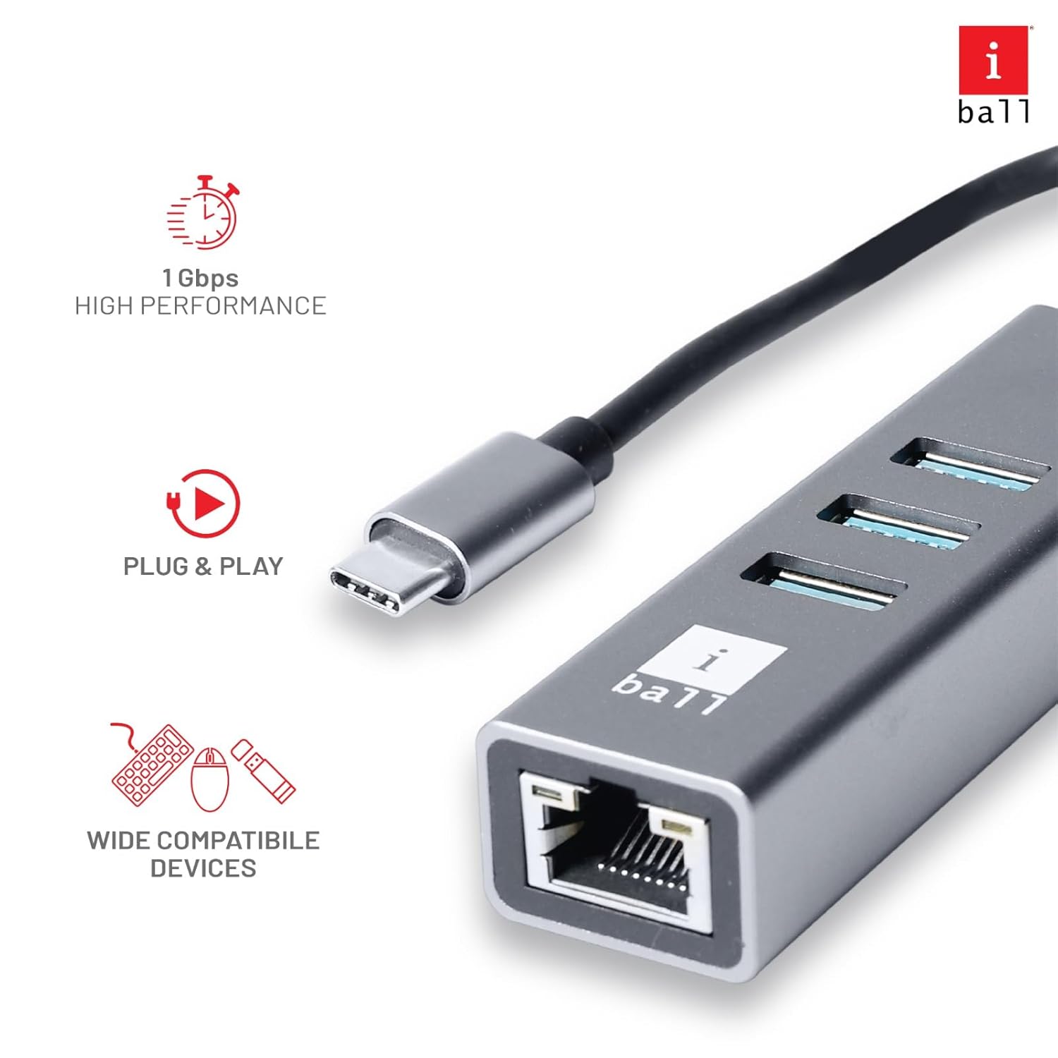 iBall Bridge 400C USB Type-C to USB 3.0 Hub + Gigabit Multifunctional Adapter, 4-in-1, USB 3.0 x 3-Ports Hub with 1000 Mbps Ethernet Port