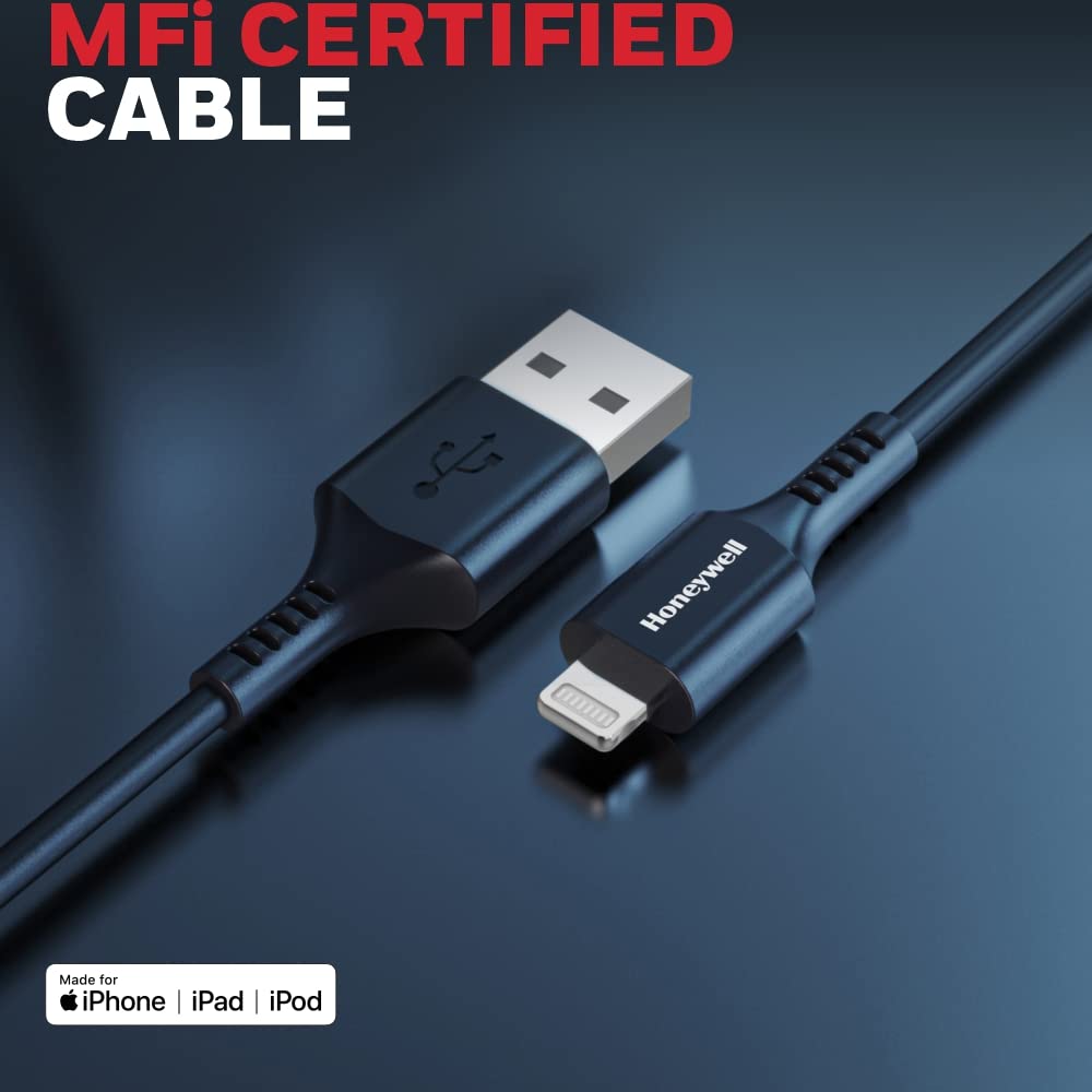 Honeywell USB to iPhone (MFI) Lightning Silicone cable, 6 Feet (1.8M), QC 3.0, 2.4A Max Output, Fast Charge & Sync Cable for iPhone,iPad, Airpods, iPod - Black