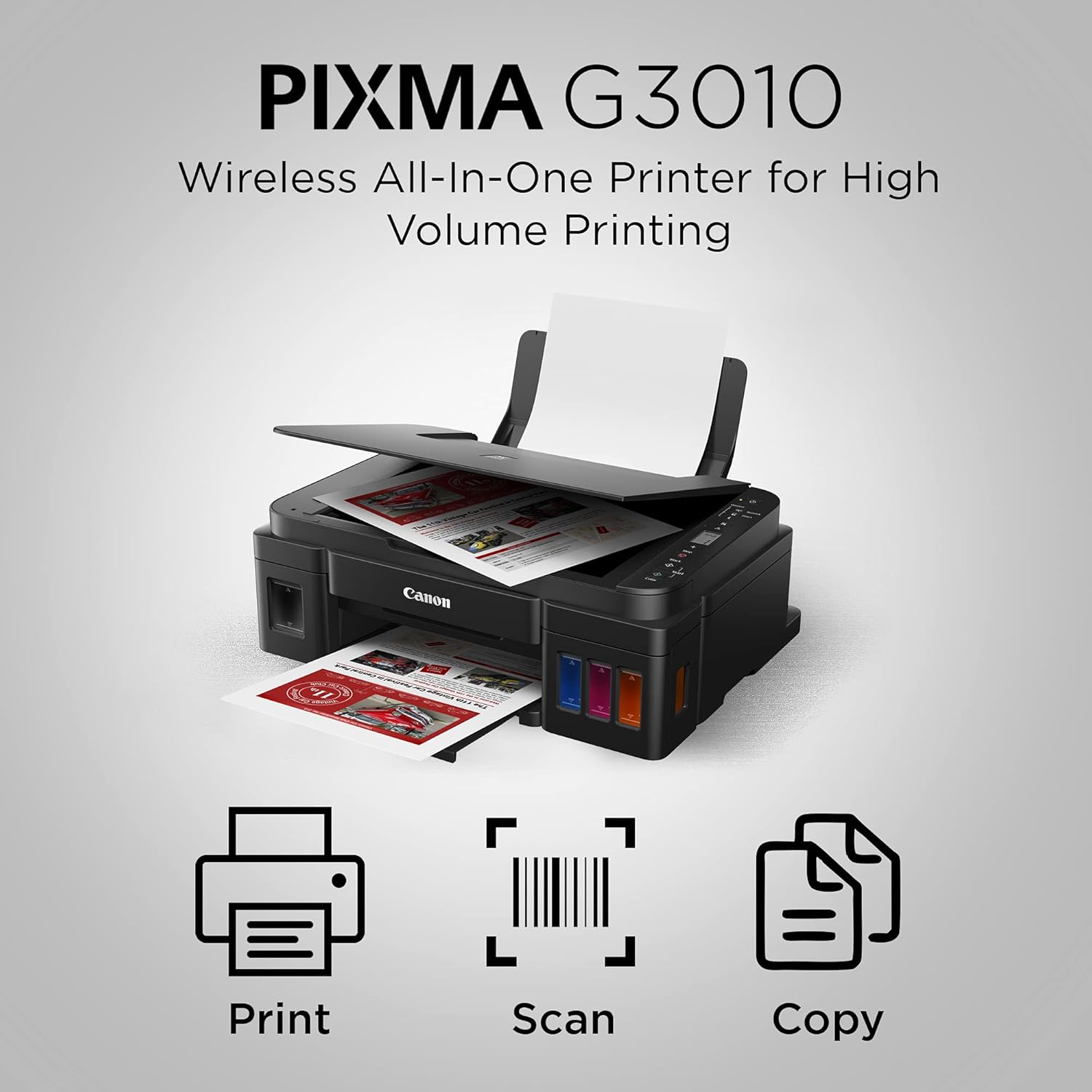 Canon G3010 Pixma MegaTank All-in-One Wireless Ink Tank Colour Printer, Refillable Ink Tank, Borderless Printing, Network-Ready- Black