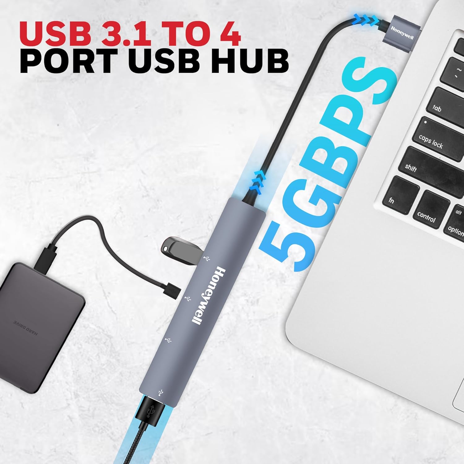 Honeywell 4-in-1 Ultra Slim USB Hub 1xUSB 3.0 & 3 x USB 2.0 Ports, 30cms Cable, DataTransfer Speed Upto 5GBPS,Universally Compatible with All USB,PC,Speaker,Laptop,Hard Drive etc.