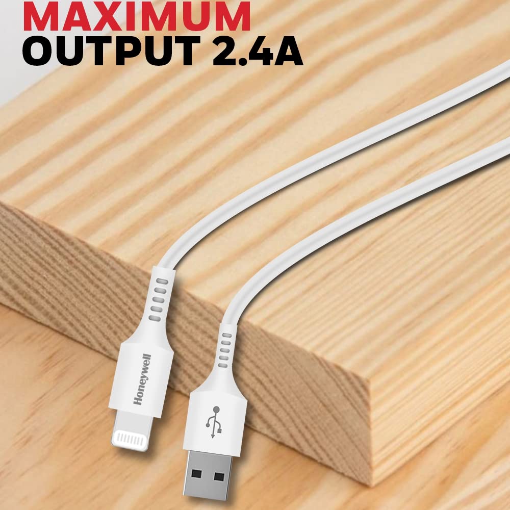 Honeywell USB to iPhone (MFI) Lightning Silicone cable, 6 Feet (1.8M), QC 3.0, 2.4A Max Output, Fast Charge & Sync Cable for iPhone,iPad, Airpods, iPod - White