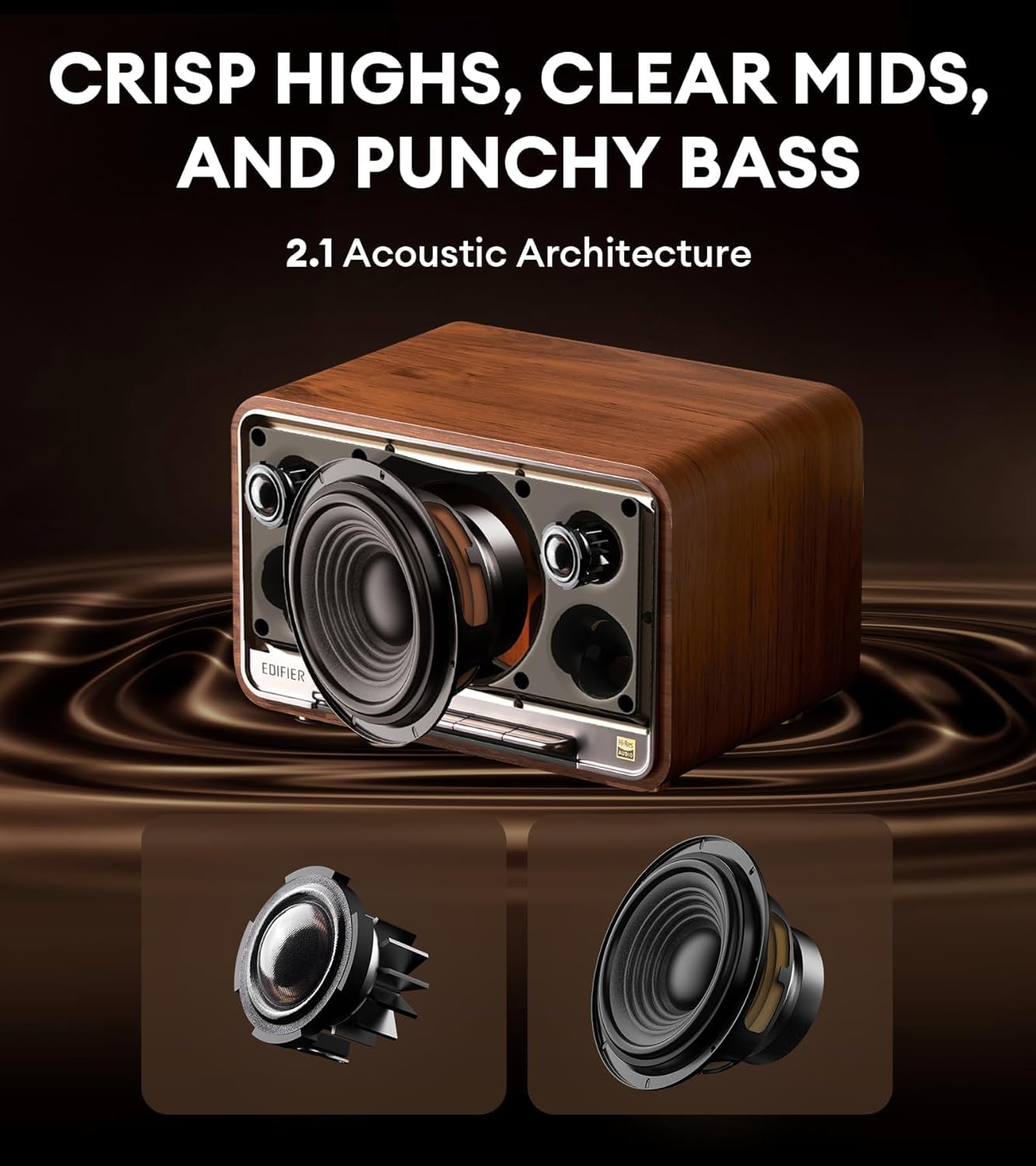 Edifier D32 Tabletop Wireless Speaker, Hi-Res Audio Bluetooth Speaker, Portable Retro Combo Speaker, 60 Watts RMS, Bluetooth 5.3- Brown