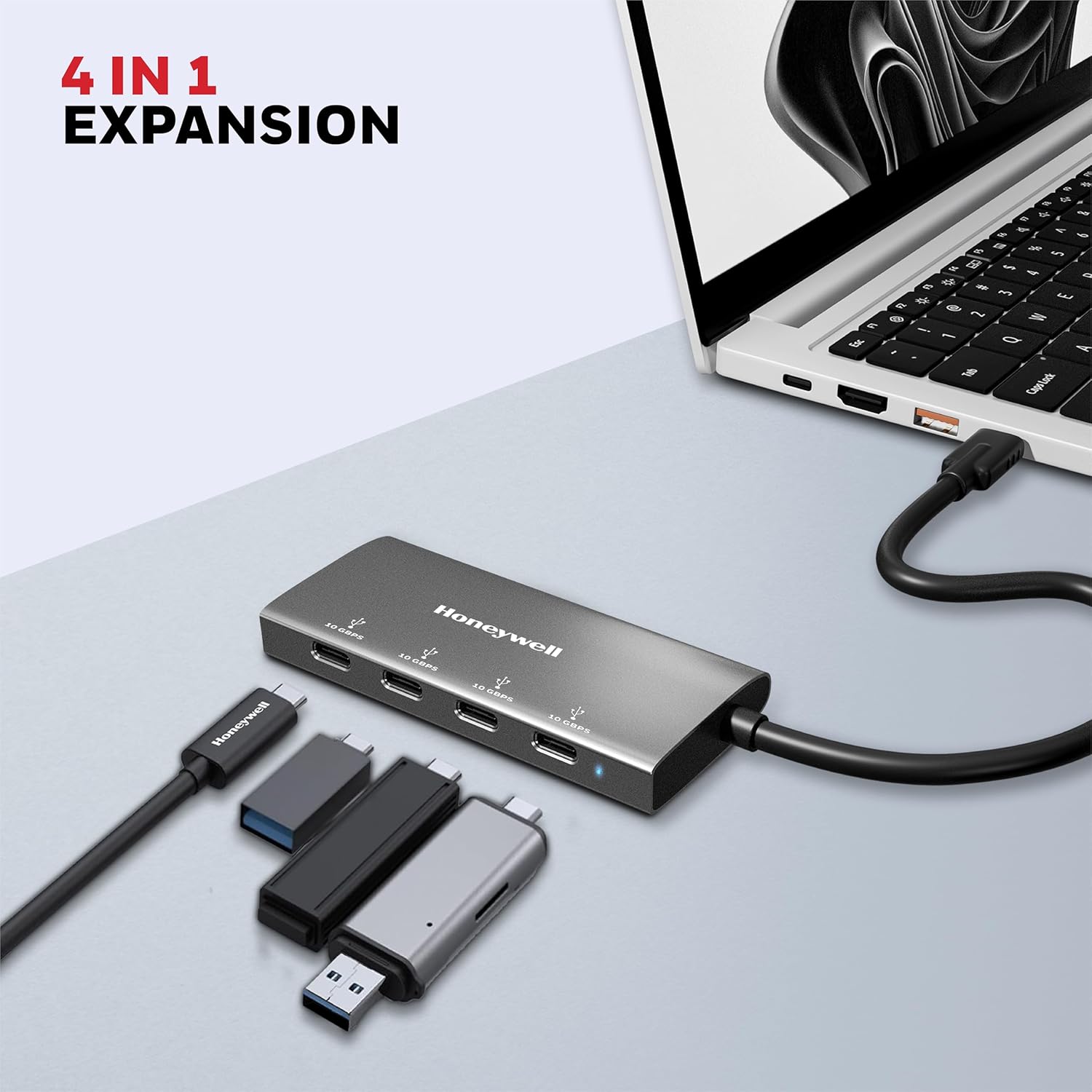 Honeywell Momentum Type C 4 In 1 Hub, 10Gpbs Transfer Speed, 2 Type C & 2 USB 3.2 Gen2 Port, Max Current 3000mA, Easy Plug & Play, Universally Compatible with all Type C Port devices- Grey
