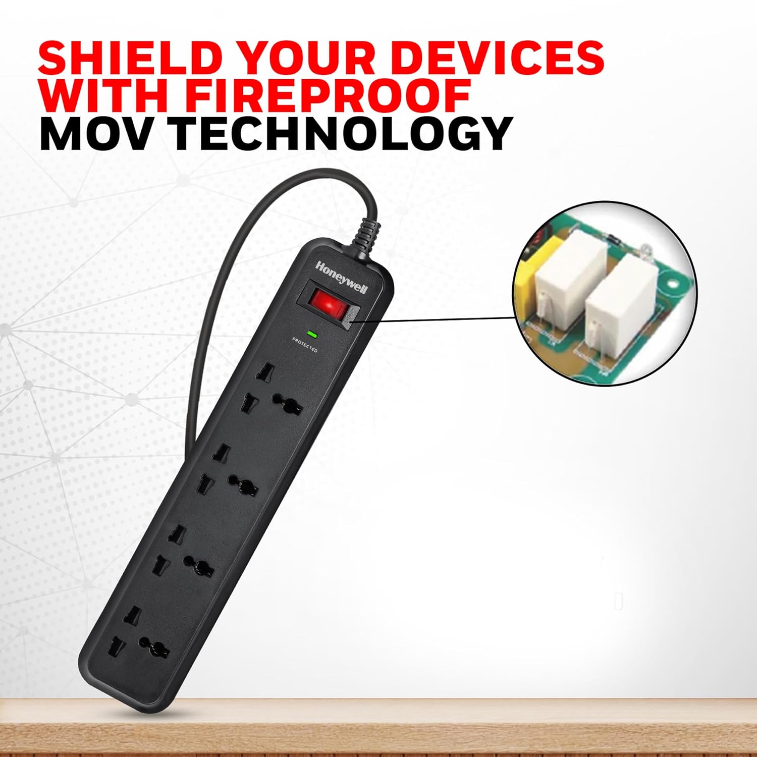 Honeywell 4 Universal Sockets Surge Protector, 2 Meter Cord, 15000Amp, Device Secure Warranty, Automatic Overload Protection, Spike Guard/Extension Board, Master Switch