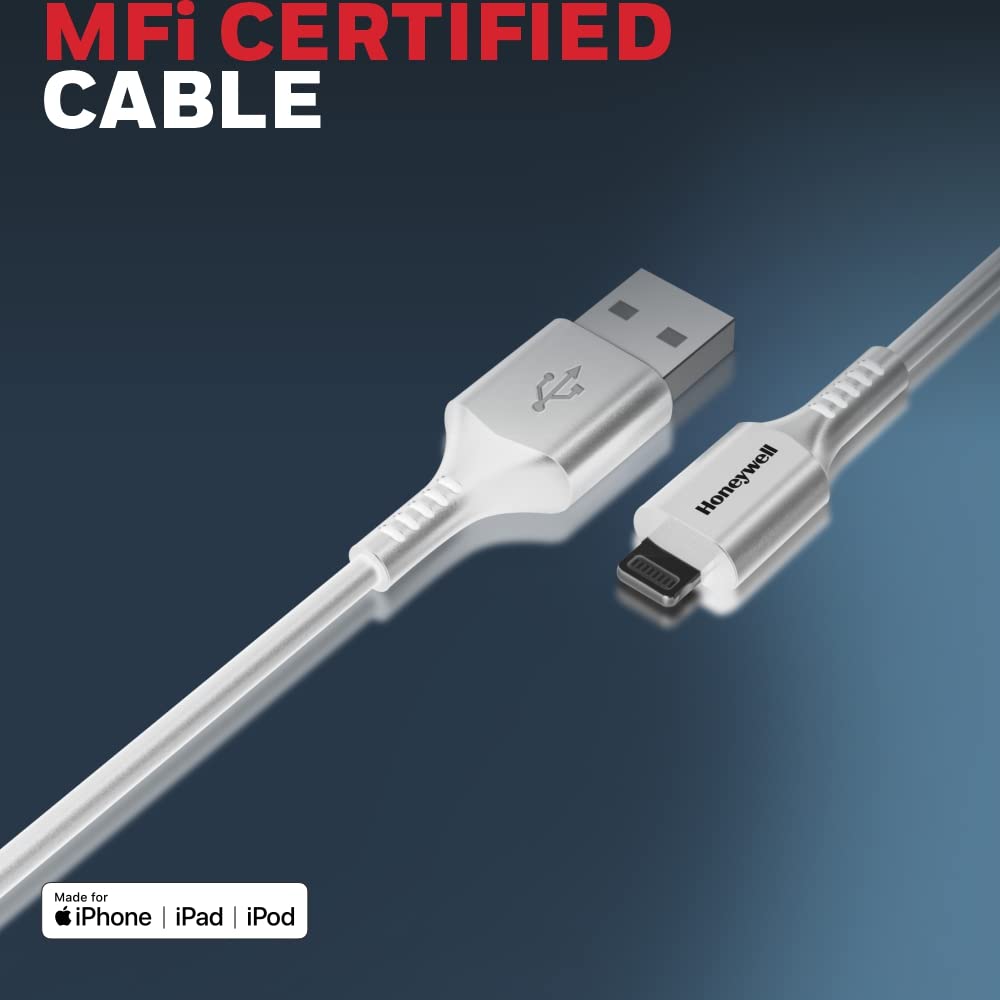 Honeywell USB to iPhone (MFI) Lightning Silicone cable, 6 Feet (1.8M), QC 3.0, 2.4A Max Output, Fast Charge & Sync Cable for iPhone,iPad, Airpods, iPod - White