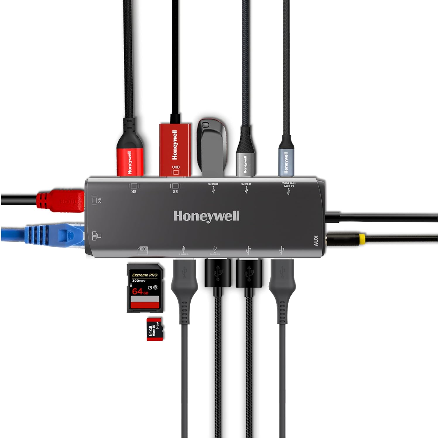 Honeywell 14-in-1 Type C Dock with Dual 8K HDMI& DP, Ethernet Port, USB 3.2, 3.0 & 2.0, 2xType C 3.2, 3.5 mm Audio Port, SD & MicroSD Slot, for All Devices like Windows/MacBook- Grey