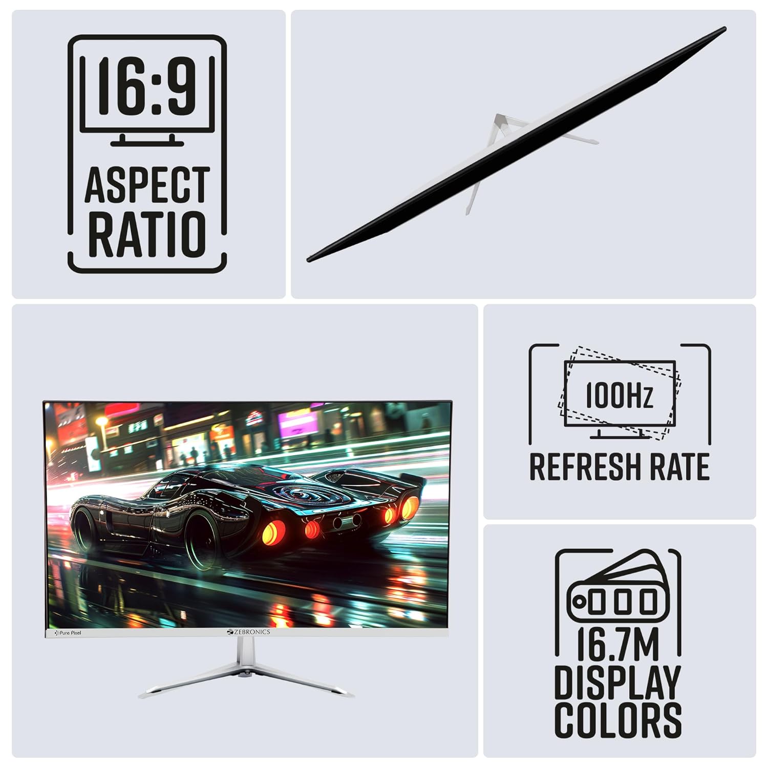 Zebronics A24FHD LED Monitor 24inch (60.96cm), 250 nits, 100Hz, Slim Design, FHD, 1080p, Wall Mountable, HDMI, VGA- White