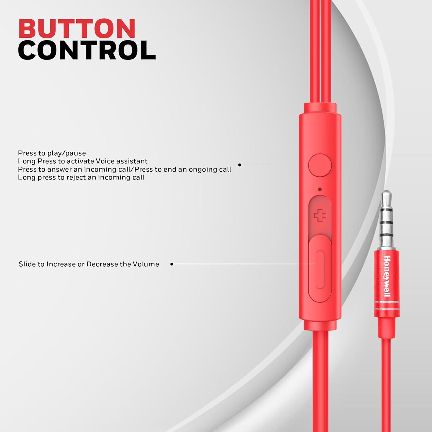 Honeywell Moxie V50 Wired Earphones with built in Mic, 10mm*2 drivers, Passive Noise Cancellation, 3.5mm AUX, Voice Assistant Enabled, 1.2 Mtr- Red