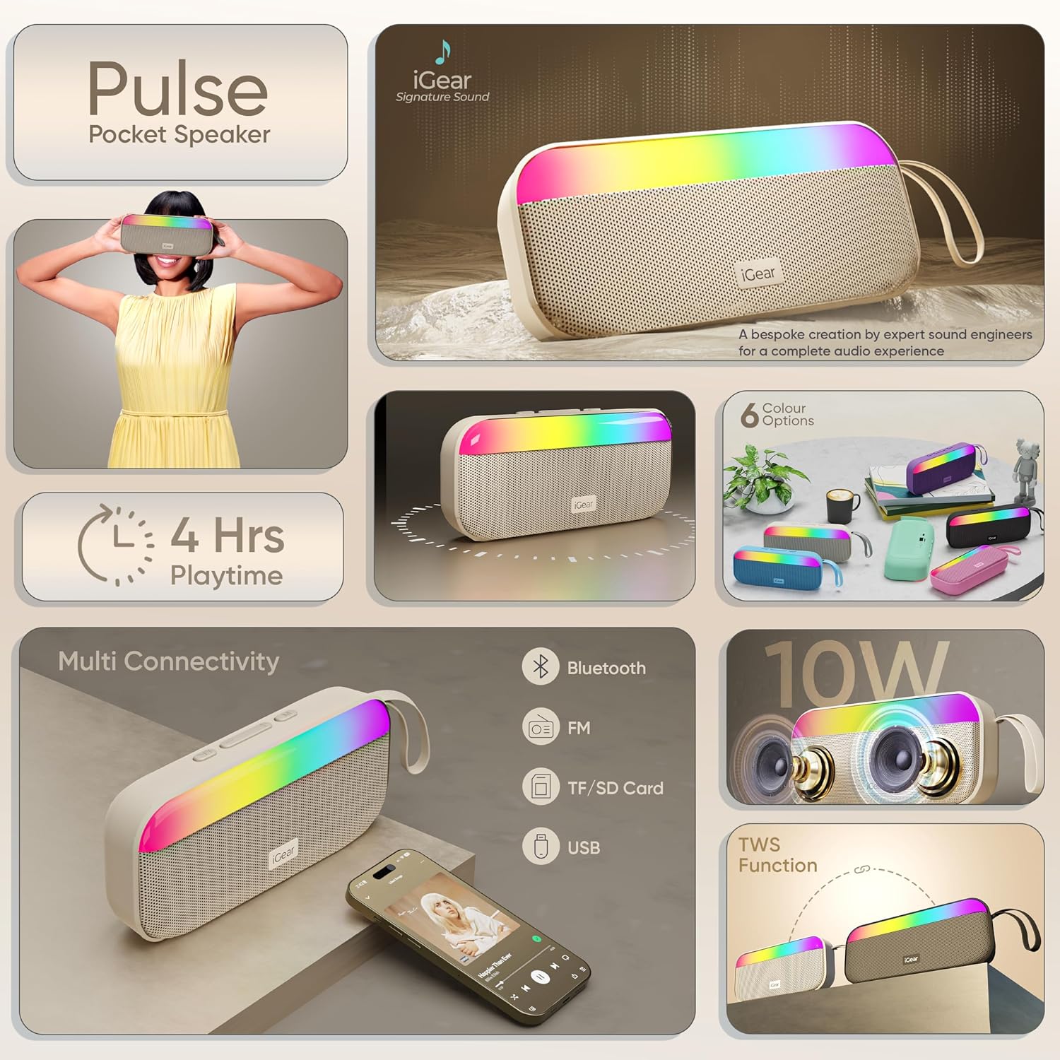 iGear Pulse iG-1151 10W Mega Bass Speaker with RGB Lights (WHite)