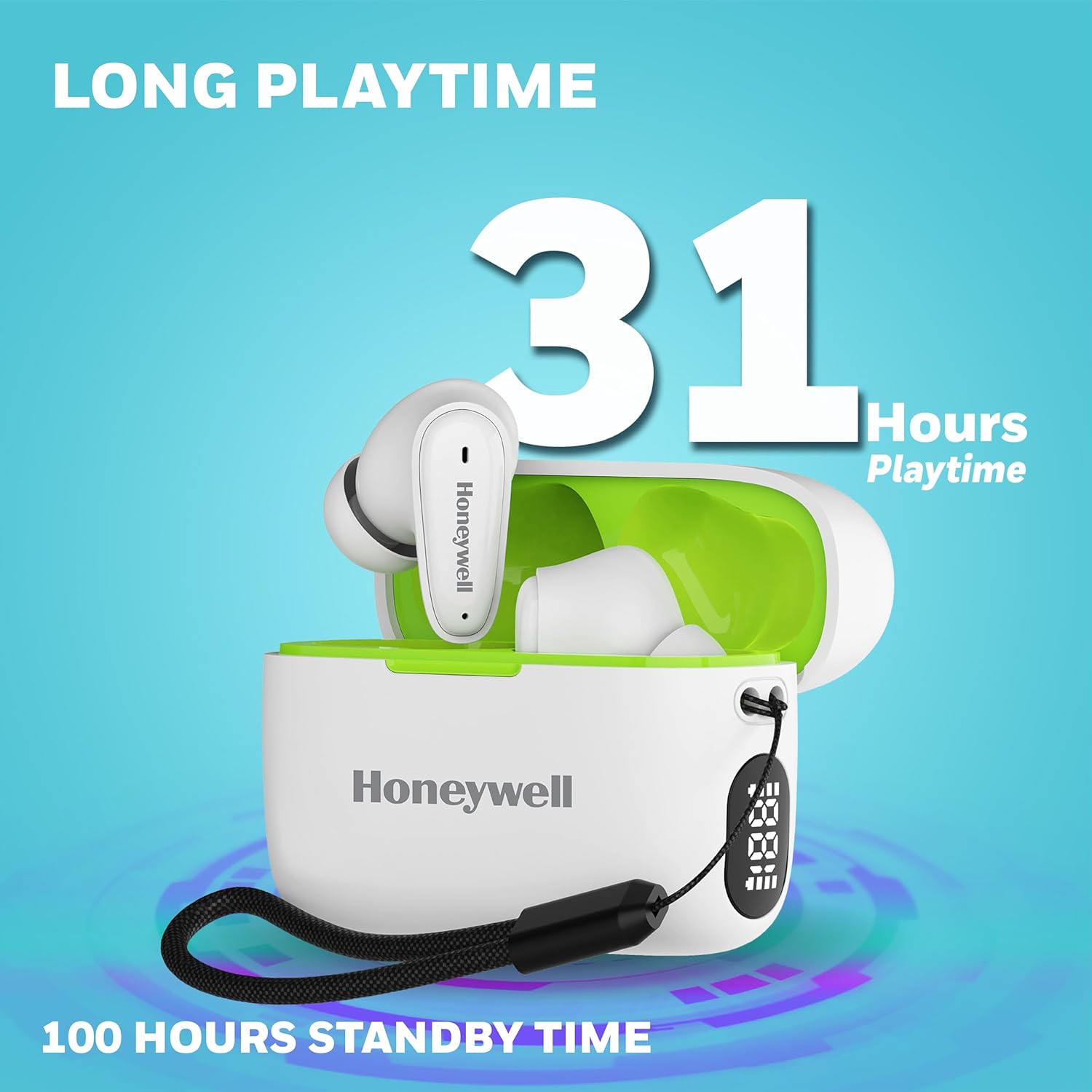 Honeywell Moxie V1100 TWS Earbuds in-Ear wireless with Digital Battery Display Case, Bluetooth V5.3, 31 Hours of Playtime, 13mm*2 Drivers, Fast Charging -White