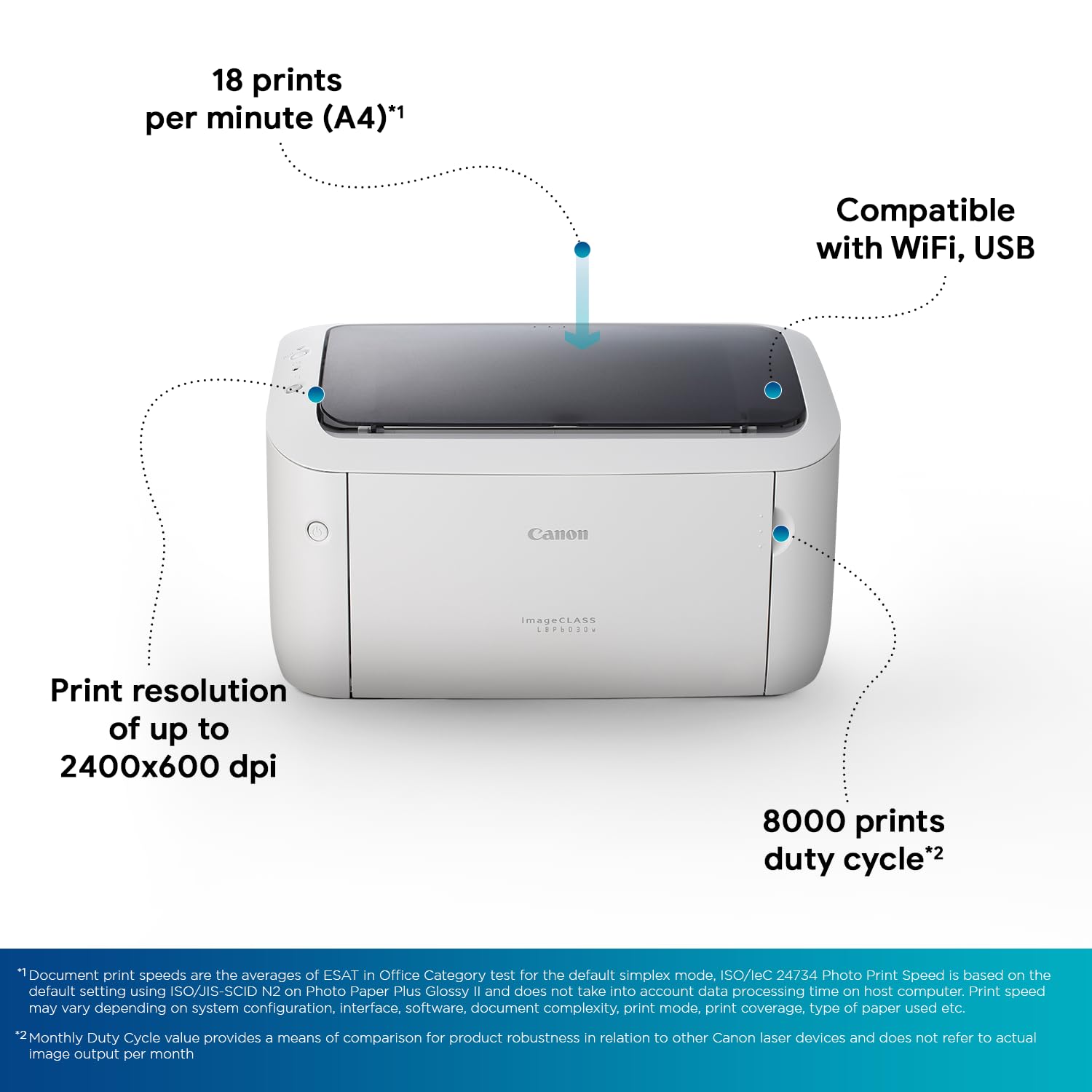 Canon LBP6030W imageCLASS  Wi-Fi Mono Printer, Windows, Mac and Linux Support- White
