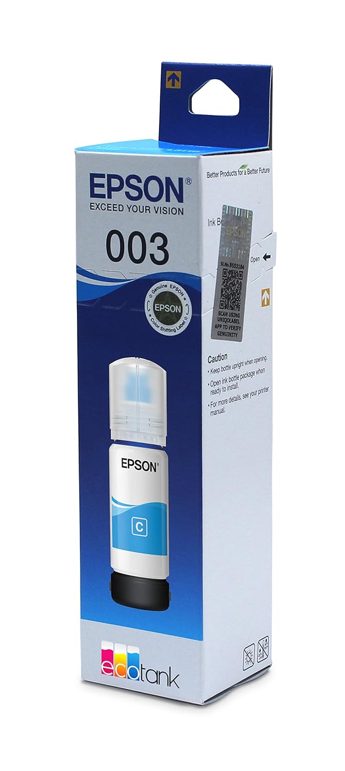 Epson 003 65ml Ink Bottle Cyan Blue Compatible for EcoTank L1110/L3100/L3101/L3110/L3115/L3116/L3150/L3151/L3152/L3156/L5190  