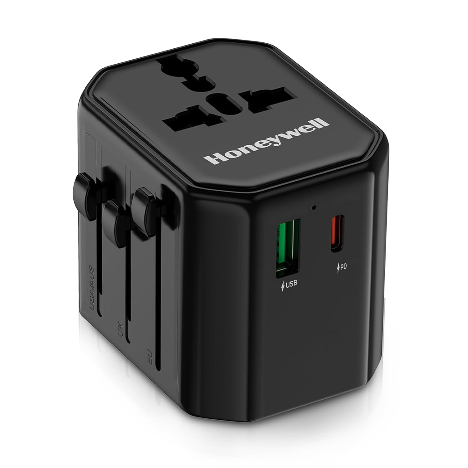 Honeywell New Launch Universal Travel Adapter 12W, 3-in-1 Fast Charging, Universal Socket, TypeC, USBA, Worldwide Wall Charger for EU,US,UK & CN/AUS, Perfect for All Devices-Black