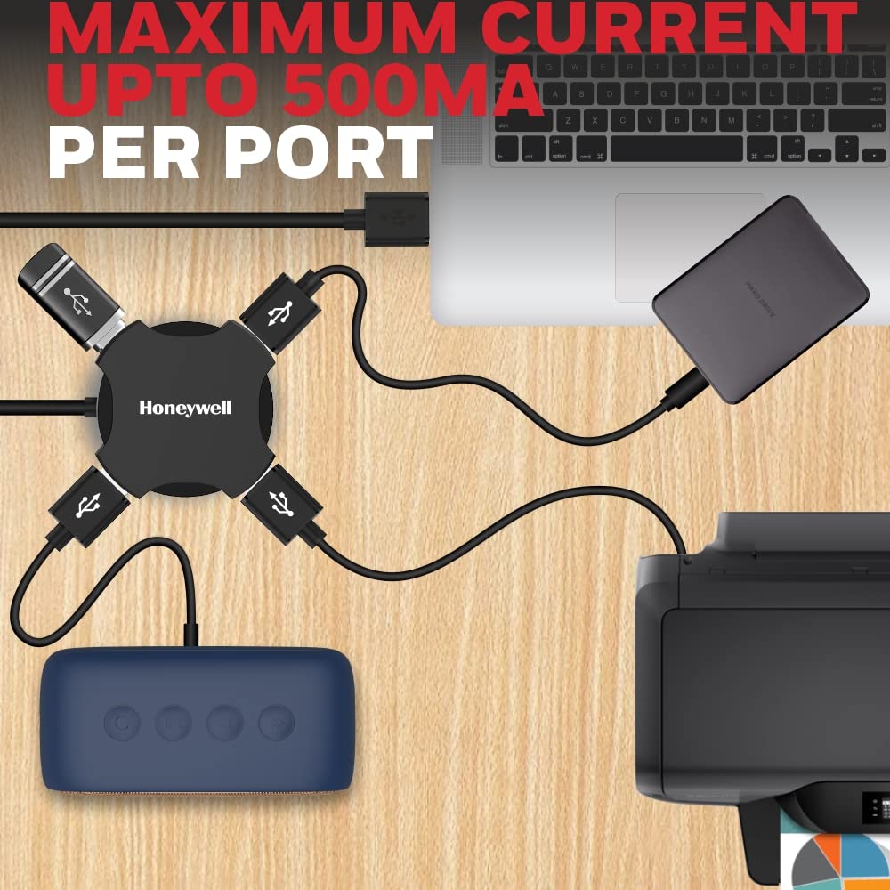 Honeywell 4 in 1 Ultra Slim USB Hub 2.0, with 1.2Meter(4 feet) Cable, with a Transfer Speed of 480MBPS, Universally Compatible with All USB PC Speaker Laptop Hard Drive Keyboard Printer Pen Drive- Black