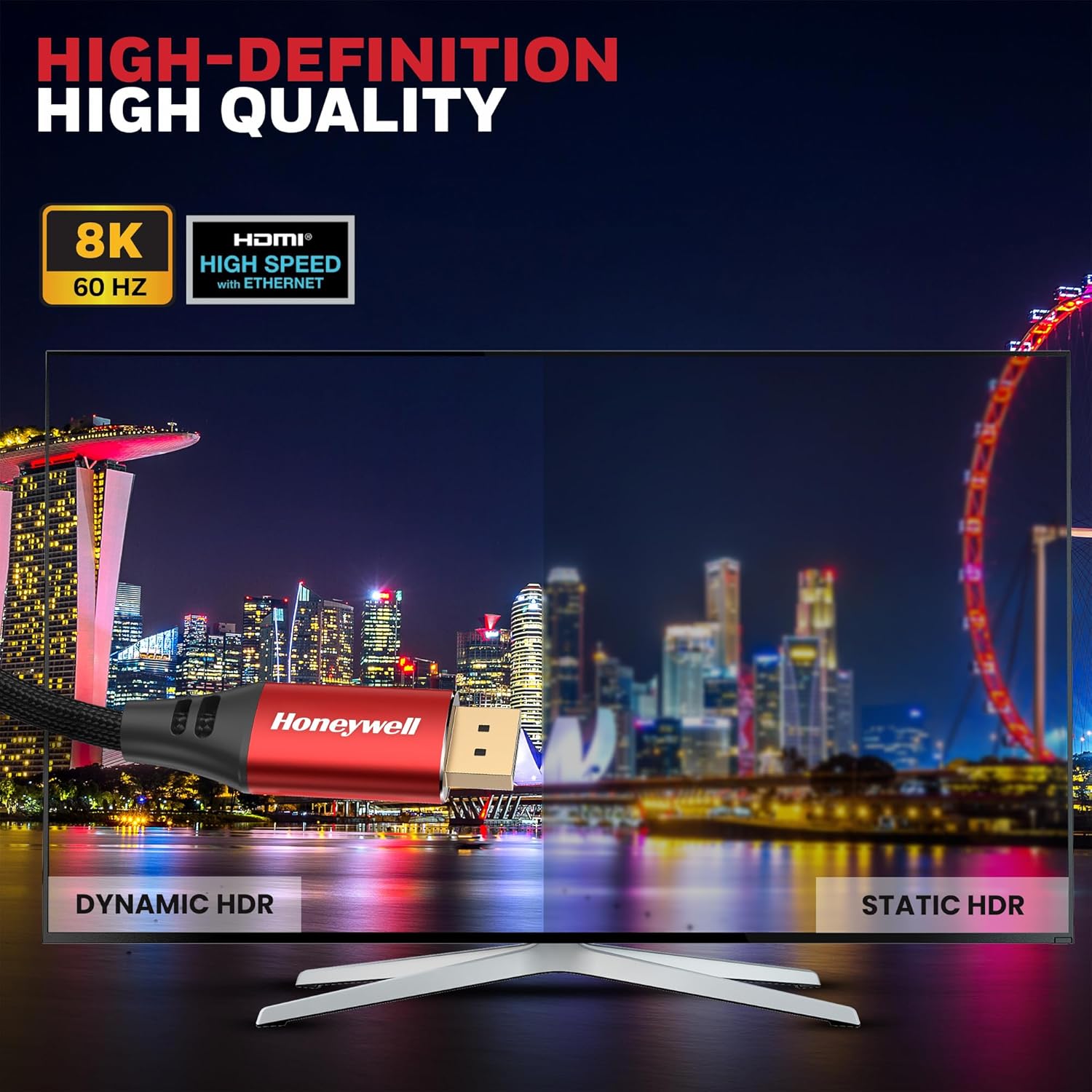 Honeywell Display Port To Display Port 2.0 Cable, 8K@60Hz UHD Resolution, 2 Mtr, Male to Male, Compatible with TV, Laptop, Projector, Monitor etc- Black