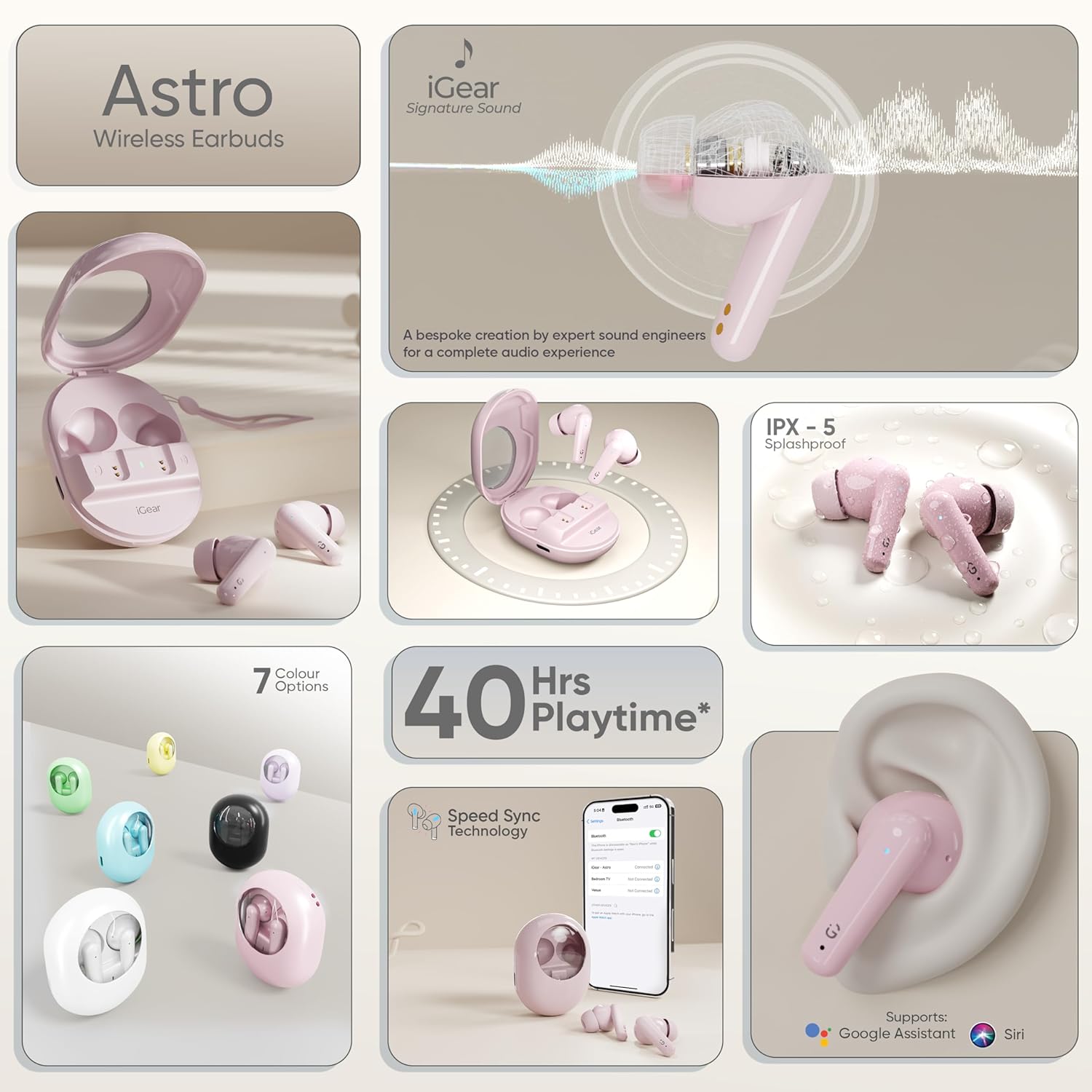 iGear Astro iG-1029 Wireless Earbuds Stylish HiFi Audio with 40-Hour Playtime- Pink