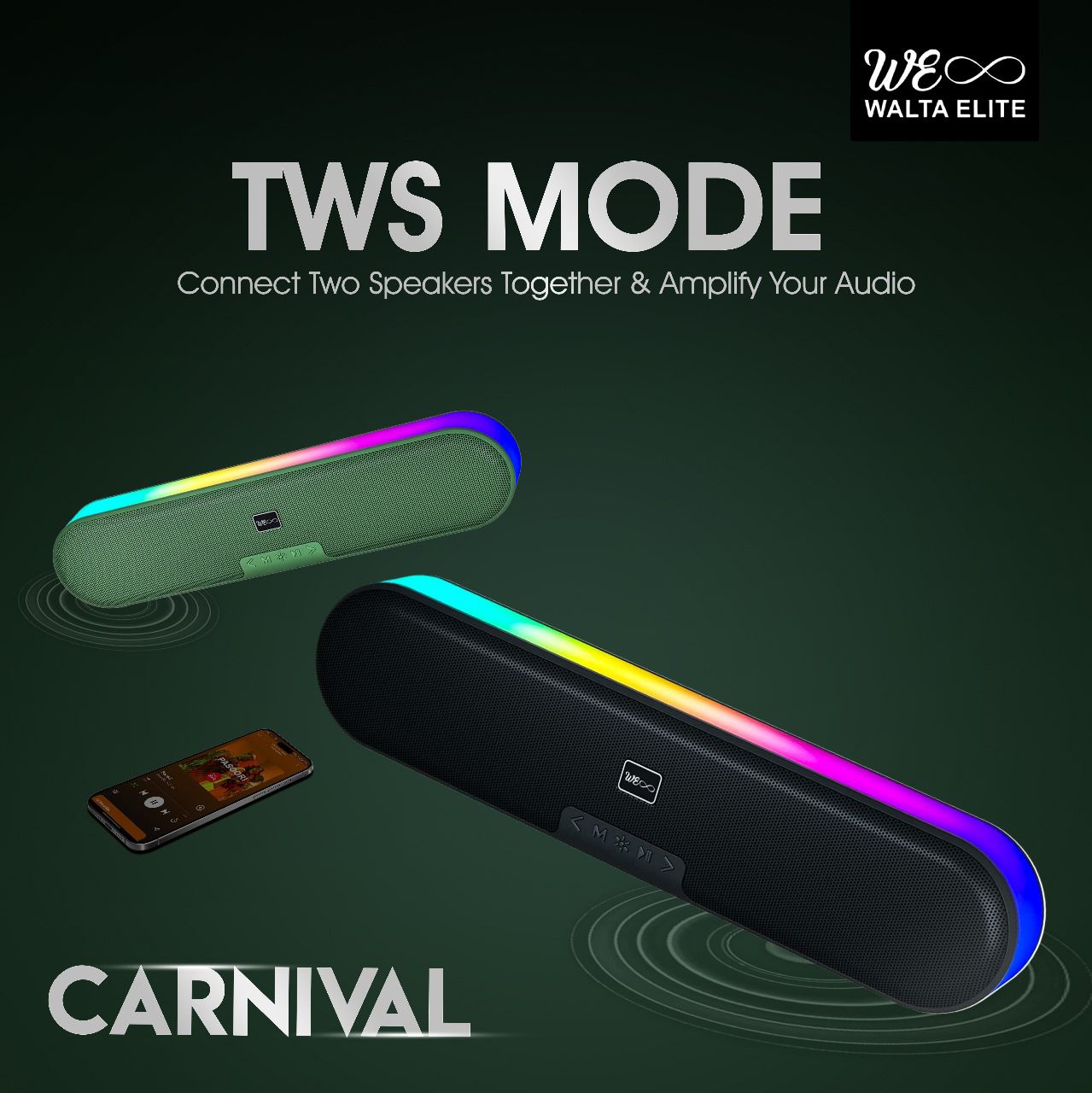 WALTA ELITE Carnival 10W Bluetooth 5.2V Wireless Portable Party Speaker, IPX4 Water Resistance, Up to 5H Playback Time, Multi-Compatibility Modes AUX & TF Card, USB Type-C Charging with RGB Light 