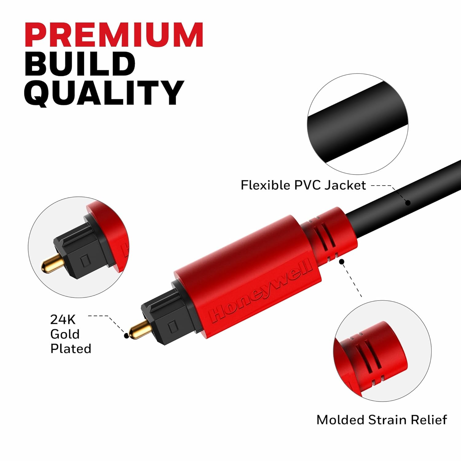Honeywell Toslink Digital Optical Audio Cable 2MTR, 24K Gold Plated Connectors, PVC Jacketed Copper Wire, Compatible with Home Theatres (7.1),- Black