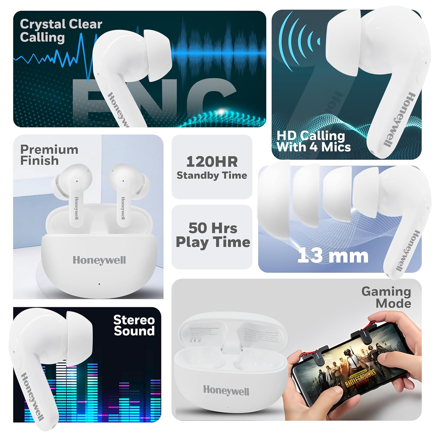 Honeywell Suono P2100 TWS Earbuds Bluetooth with 50H of Playtime, ENC Mode, 4xMics, Type C Fast Charging, Low Latency Mode for Gaming, Bluetooth V5.3- White