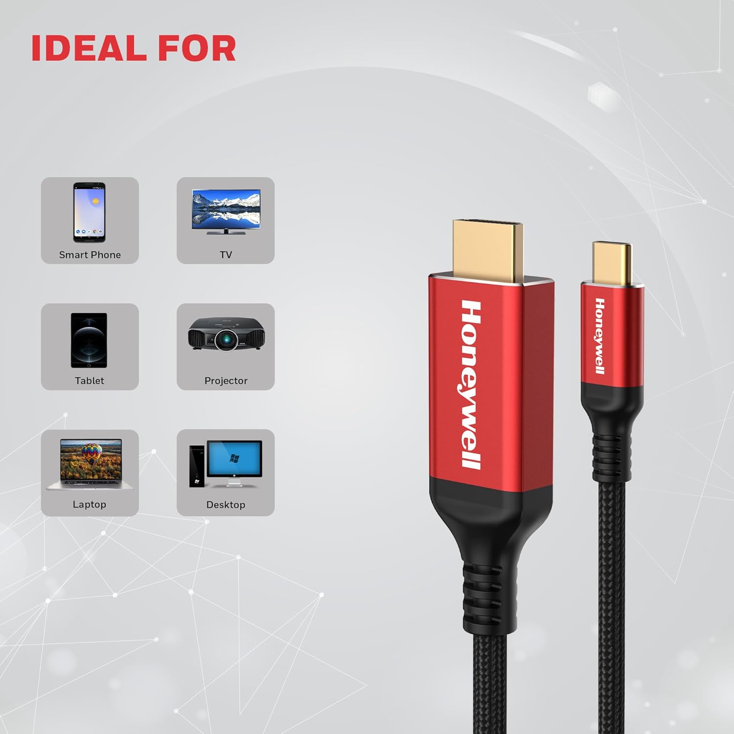 Honeywell Type C to 2.0 HDMI Cable, 4Kx2K@60Hz UHD Resolution, 2 Mtr, Male to Male, Compatible with TV, Laptop, Type-C Smartphone, Projector, etc- Black