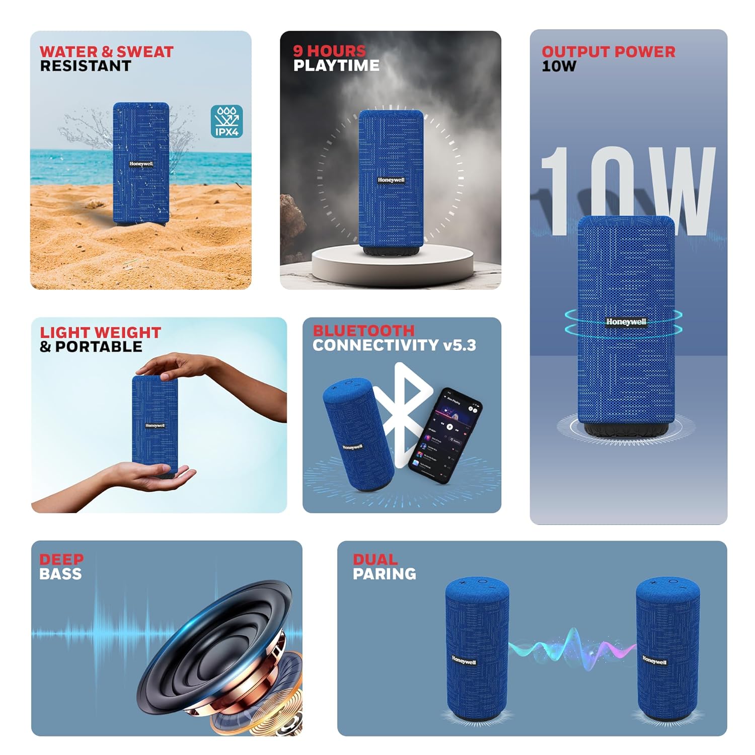 Honeywell Suono P300 10W 5.3 Bluetooth Speaker,9H Playtime, Deep Bass,IPX 4,TWS Feature,Fast Charging,SD Card,USB,AUX,- Blue