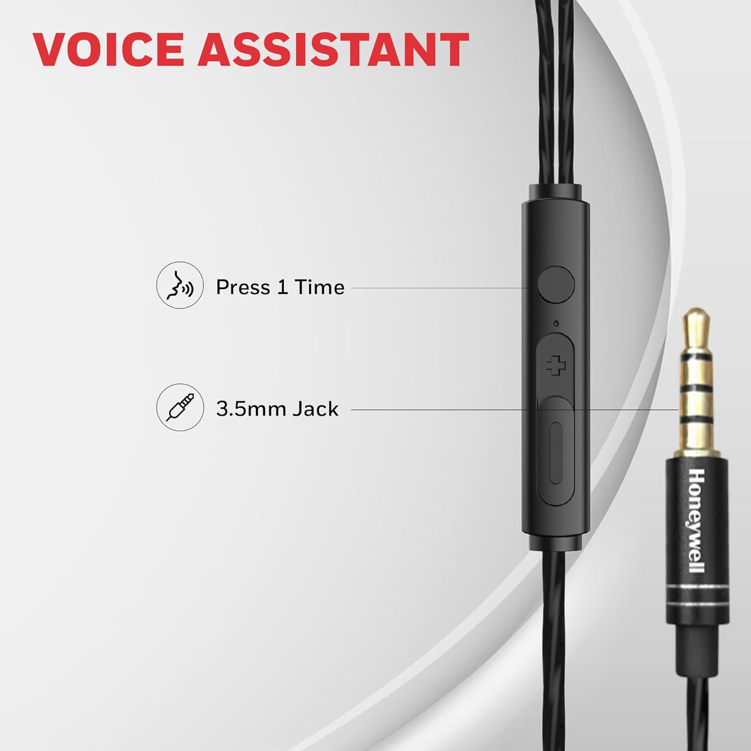 Honeywell Moxie V50 Wired Earphones with built in Mic, 10mm*2 drivers, Passive Noise Cancellation, 3.5mm AUX, Voice Assistant Enabled, 1.2 Mtr- Black