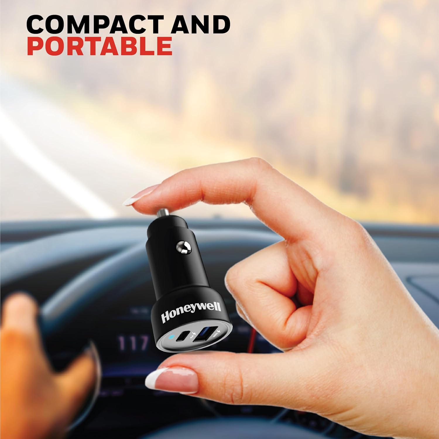 Honeywell Micro CLA 65W PD Smart Car Charger, Adapter for iPhone and Android, 1xType C & 1xUSB A Port, Ultra-Fast Charging, Compatible with All Smartphones & Tablets.