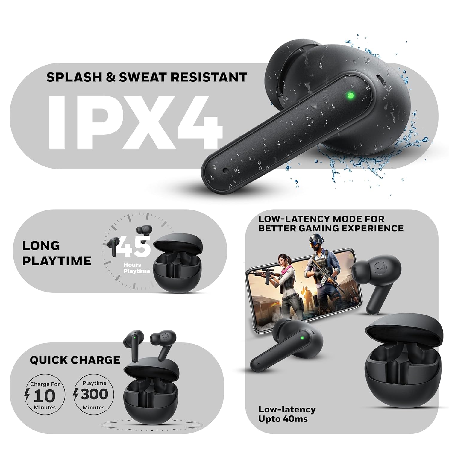 Honeywell Moxie V1400 TWS In-Ear Earbuds Bluetooth v5.4, ENC with 4 Mics for HD Calling, 45H Battery Life, Stereo Sound, Deep Bass, IPX4, 40ms low latency Gaming Mode- Black