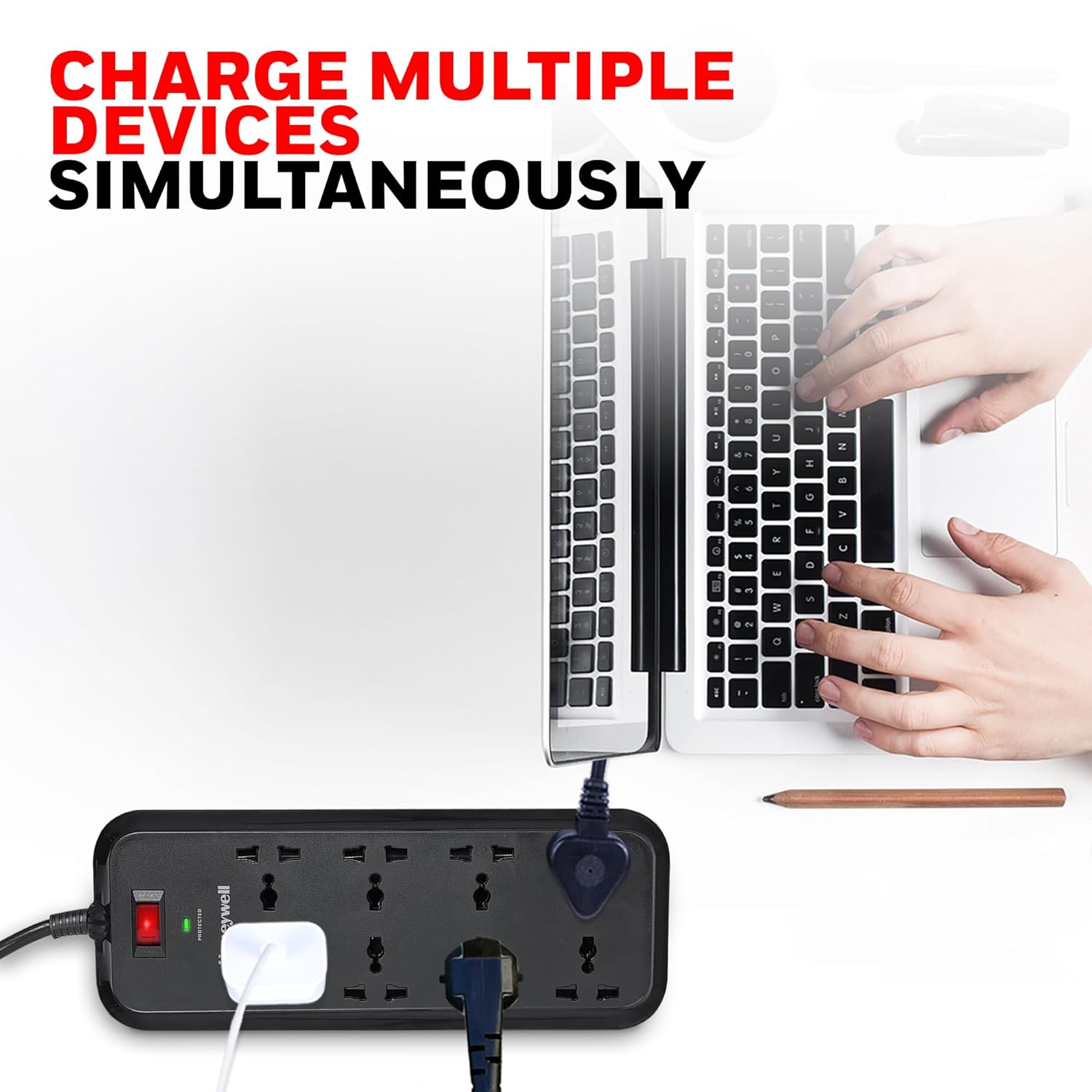 Honeywell 8 Universal Sockets Surge Protector, 2 Meter Cord, 20000Amp, Device Secure Warranty, Automatic Overload Protection,Spike Guard/Extension board, Master Switch