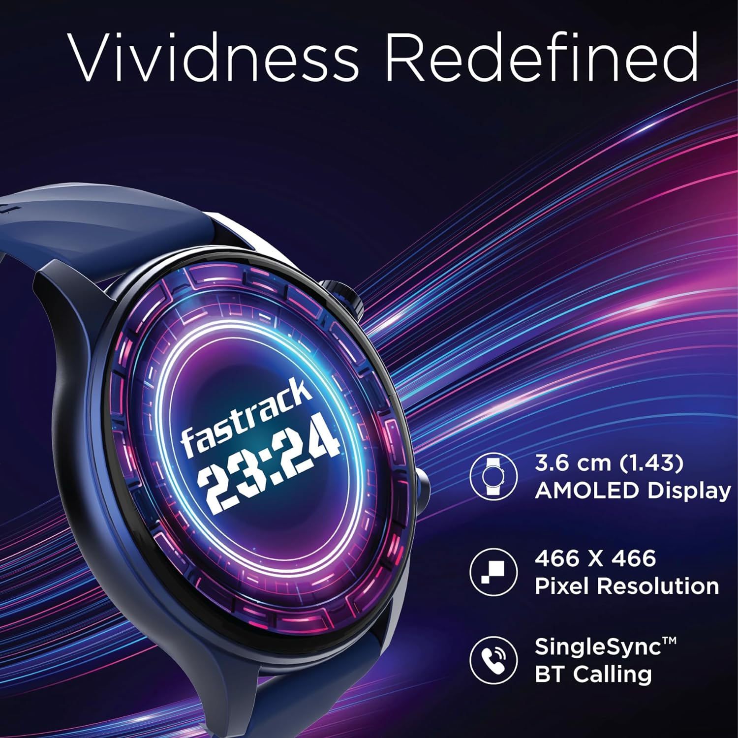 Fastrack Vivid Pro Smart Watch with 1.43" AMOLED Display, Single Sync BT Calling, 100+ Sports Modes, AI Voice Assistant- Blue