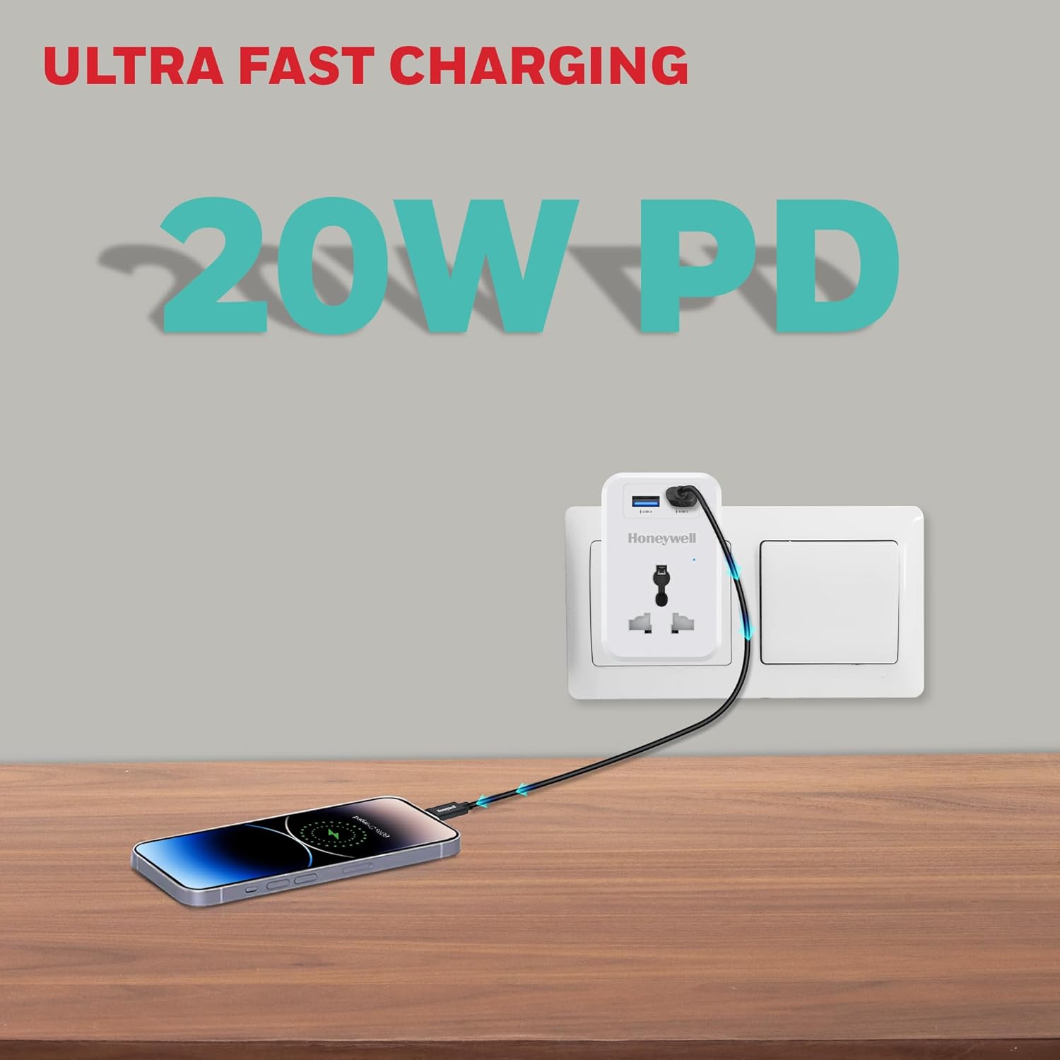Honeywell 1 Out Surge Cube, Spike Guard, 1 Outlet, PD20W & USB  A Port, 255 Joules, Charge On The Go, Device Secure Warranty, Automatic Overload Protection- White