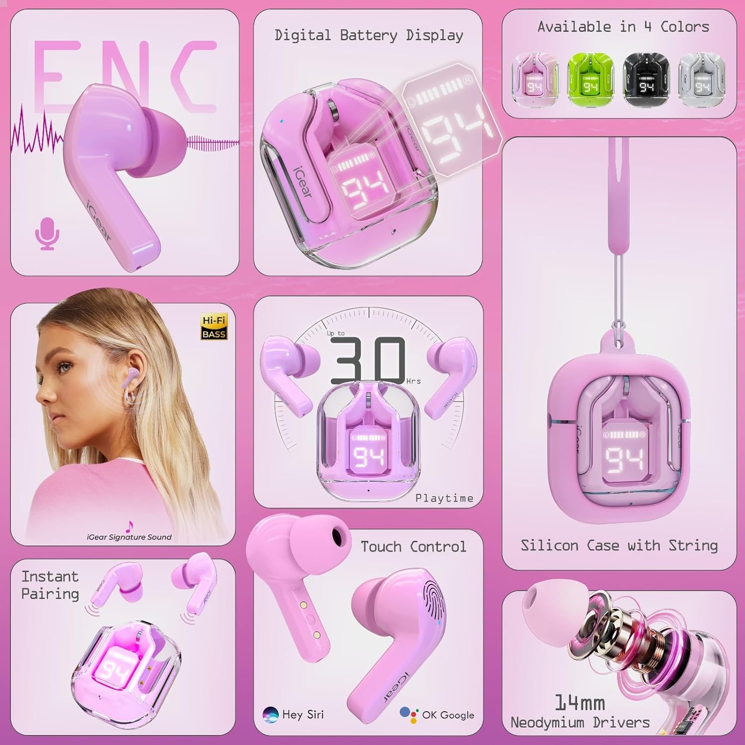 iGear Crystal iG-1025 True Wireless Earbuds, Transparent Charging Case- Blush Pink