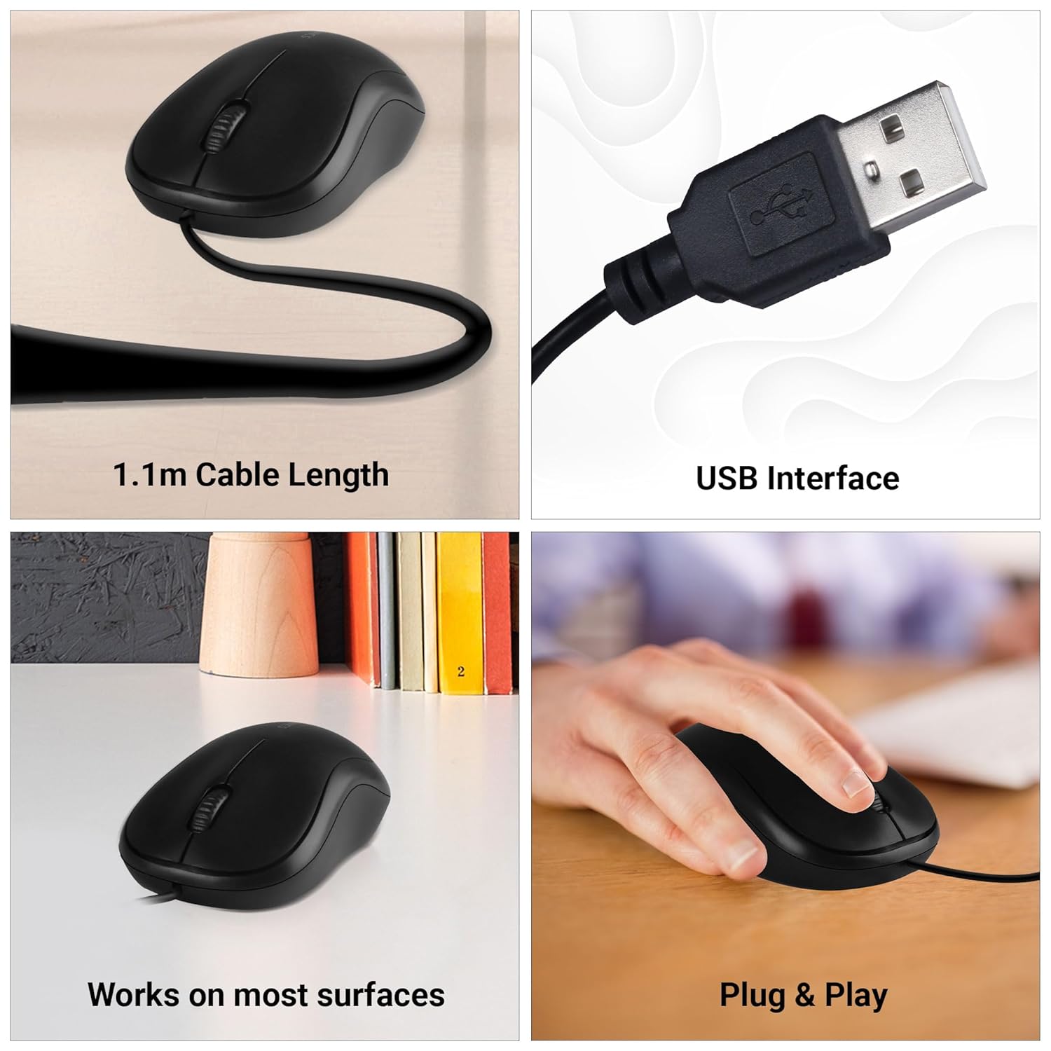 Zebronics Comfort Wired USB Mouse, 3-Button, 1000 DPI Optical Sensor, Plug & Play, for Windows/Mac, Black 
