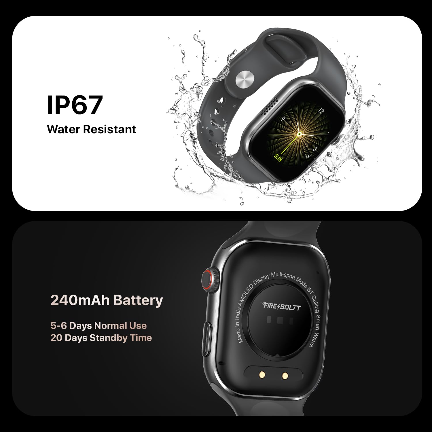 Fire Boltt Brillia Smart Watch(BSW215) with 51.3mm (2.02 inch) AMOLED Display, Bluetooth Calling, 120+ Sports Modes, IP67 Waterproof- Dark Grey