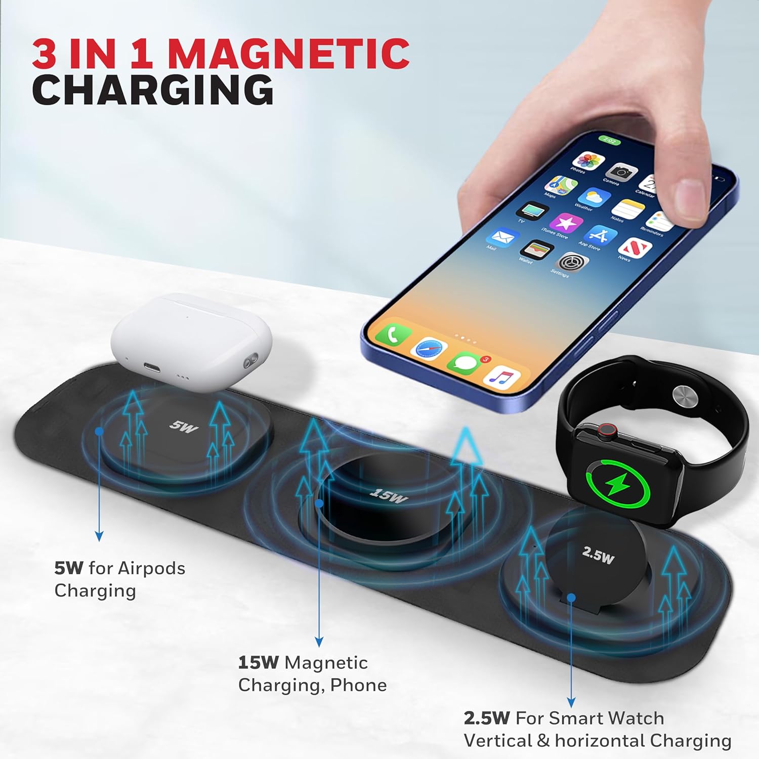 Honeywell Zest Wireless 3-in-1 Magnetic Foldable MagSafe Compatible 23W Wireless Charger for iPhone 12-15, Supports QC 3.0, All Apple Watch Series