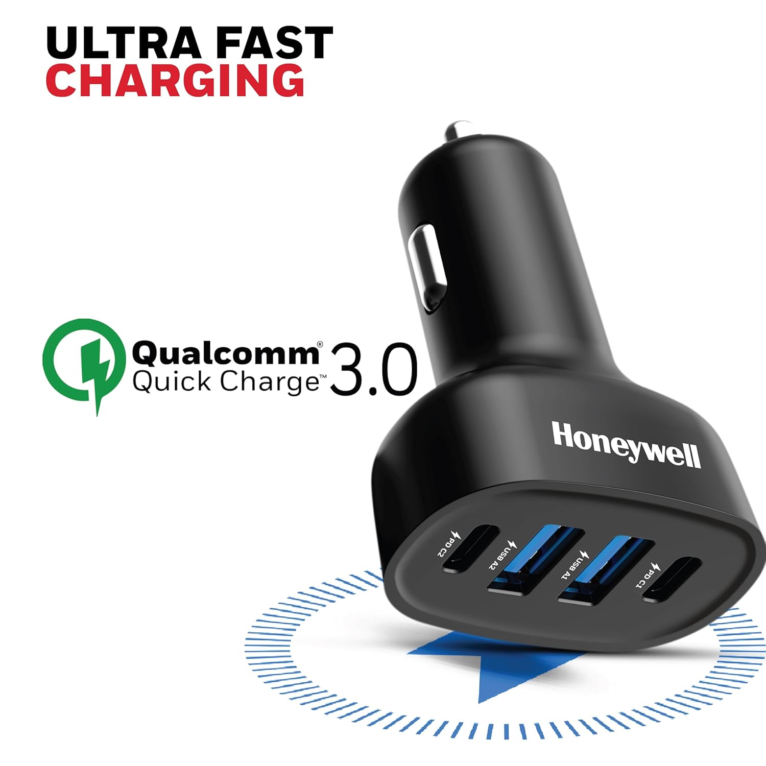 Honeywell Micro CLA 100W PD Smart Car Charger Adapter, 2xType C & 2xUSB A Port, Ultra-Fast Charging, Compatible with All Smartphones & Tablets- Black