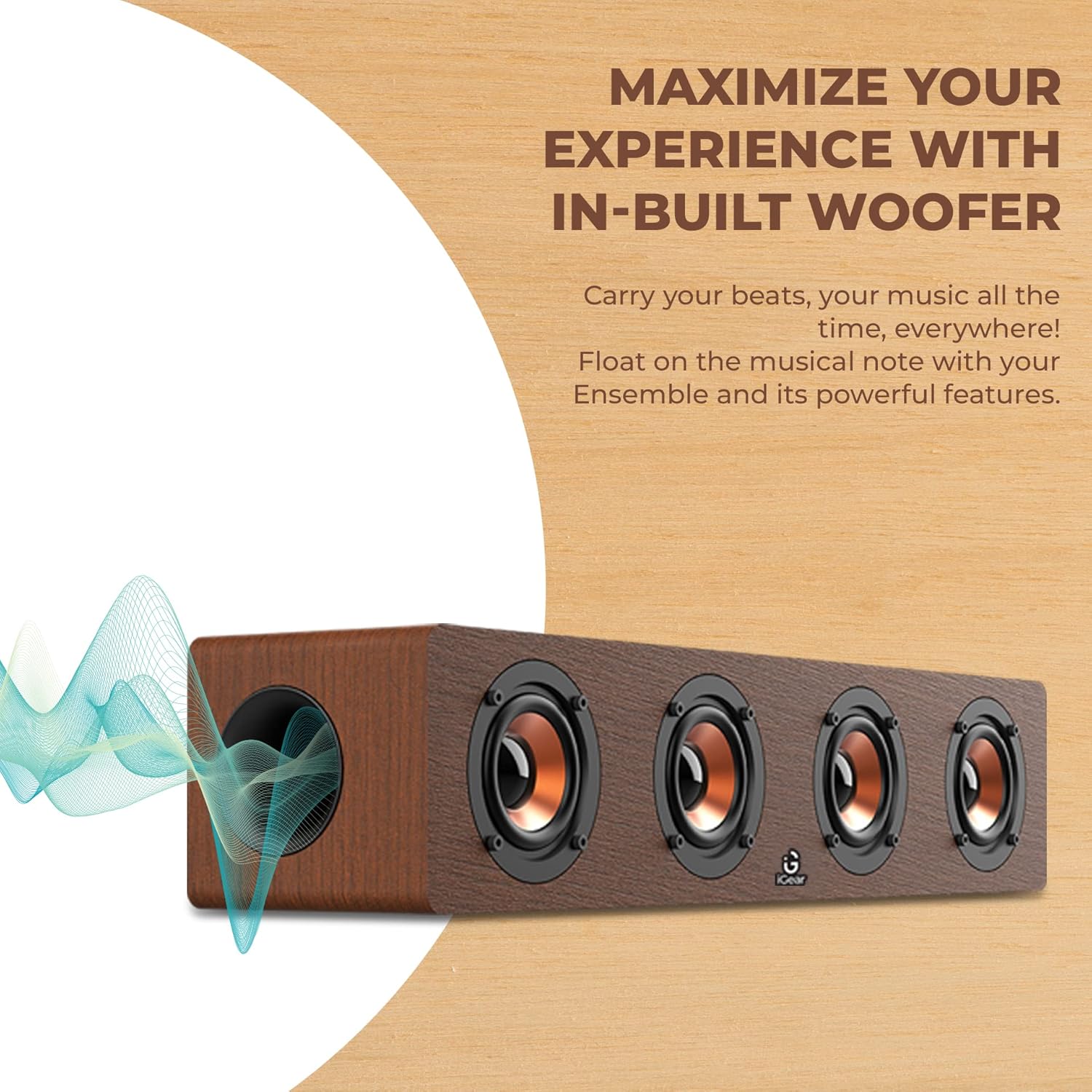 iGear Ensemble iG-1130 20watts Wooden Portable Soundbar with Bluetooth, FM Mode and Sub-woofer- Brown