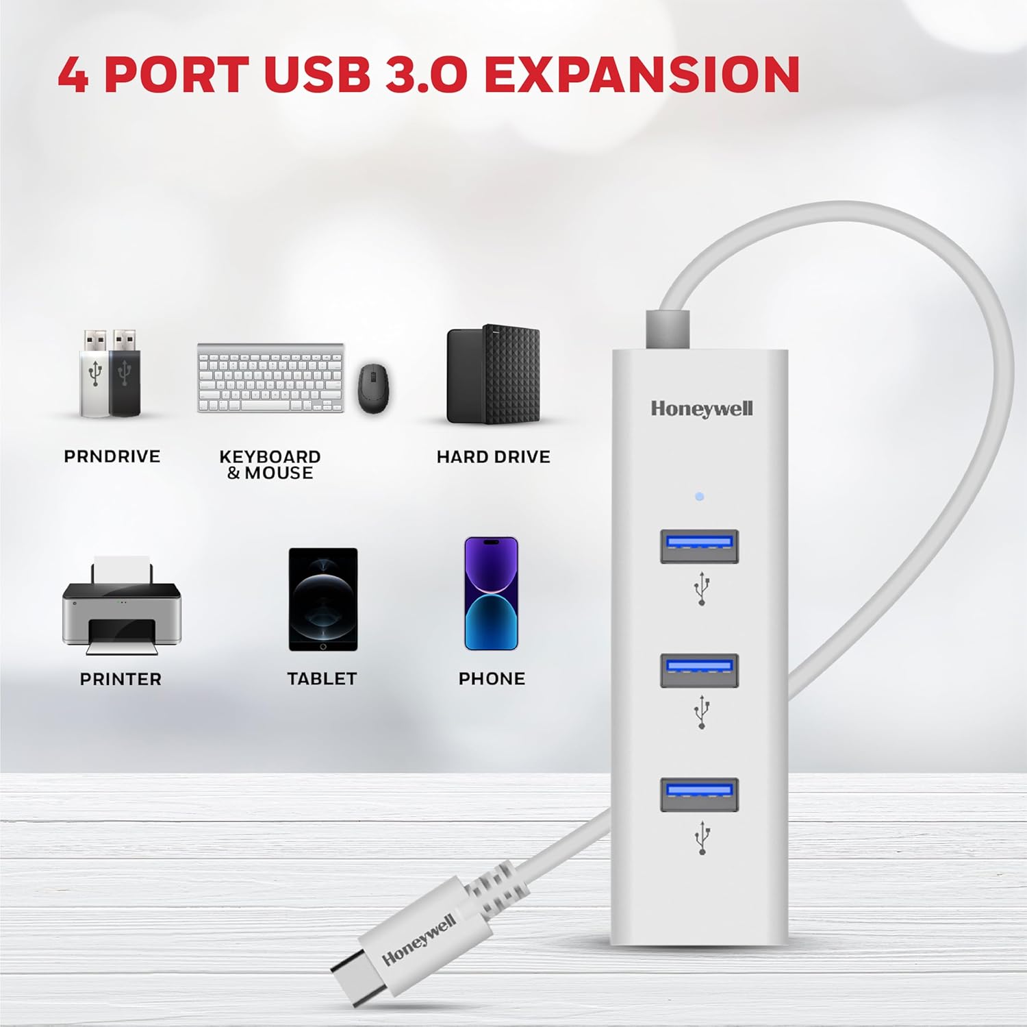 Honeywell Momentum Type C to 4Xusb 3.0 Hub, Super-Fast Transmission Speed 5Gbps, Max Current 900Ma Per Port, Compatible with All Type C- MacBook, Laptop, Pc, Printer, Mobiles, Keyboard White