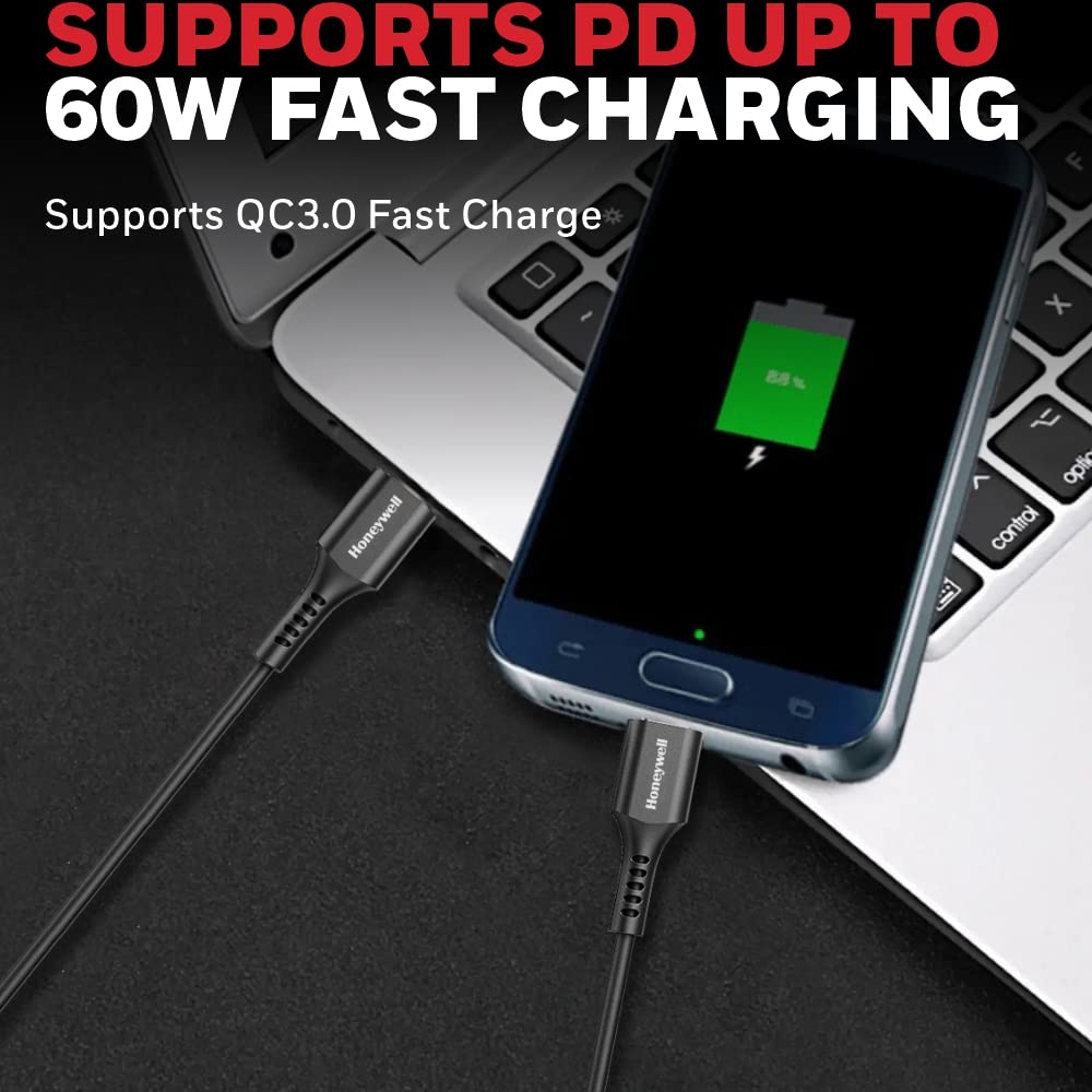 Honeywell Type C To Type C Cable, 6 Feet(1.8M), PD 60W, QC 3.0, Fast Charging & Sync Cable, Ultra Soft Silicone cable for Smartphone, Laptop, Power Bank, Tablet- Black