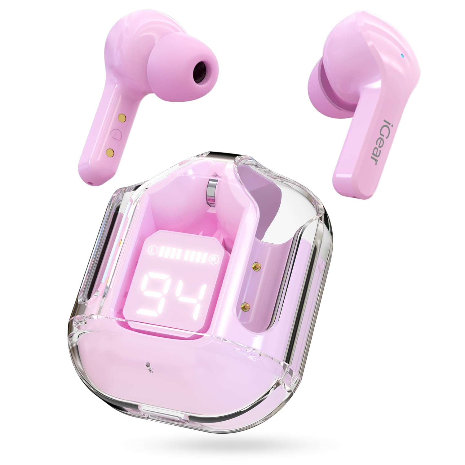 iGear Crystal iG-1025 True Wireless Earbuds, Transparent Charging Case- Blush Pink
