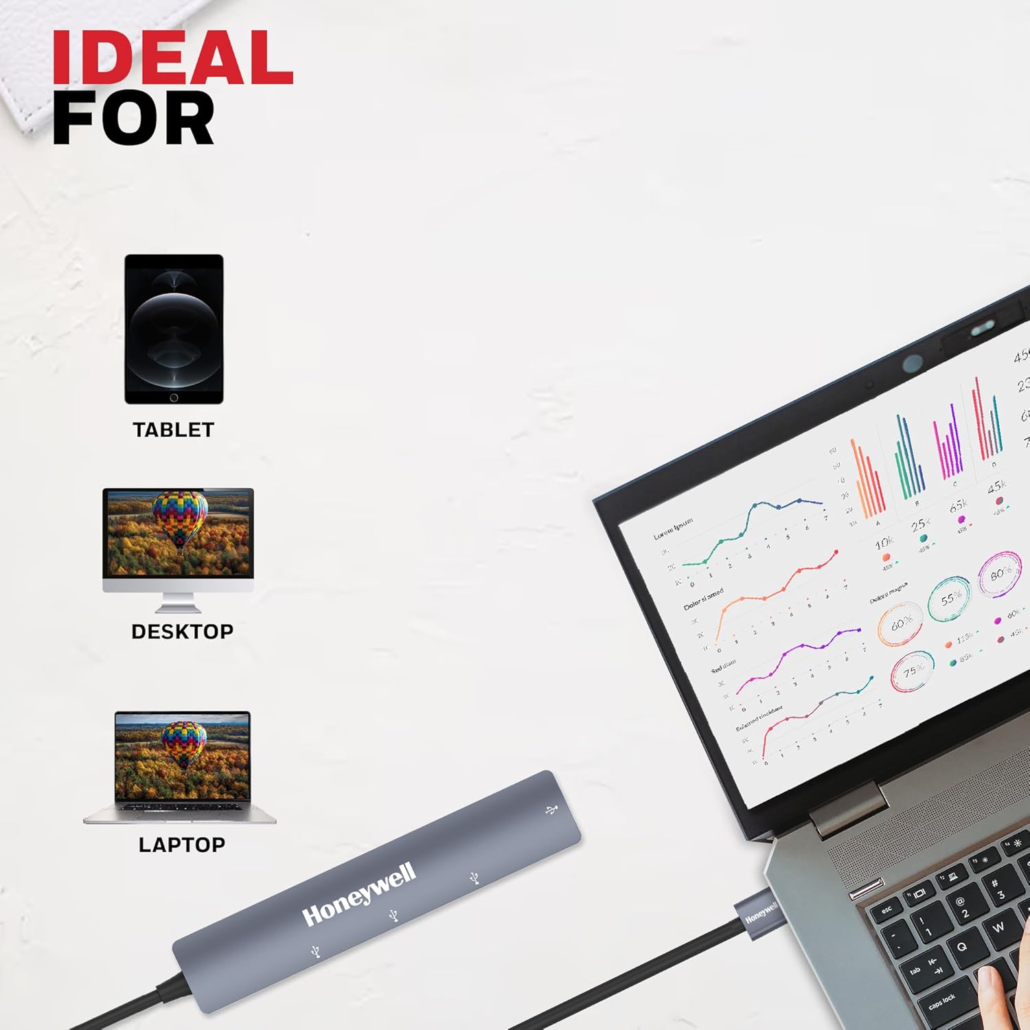 Honeywell 4-in-1 Ultra Slim USB Hub 1xUSB 3.0 & 3 x USB 2.0 Ports, 30cms Cable, DataTransfer Speed Upto 5GBPS,Universally Compatible with All USB,PC,Speaker,Laptop,Hard Drive etc.