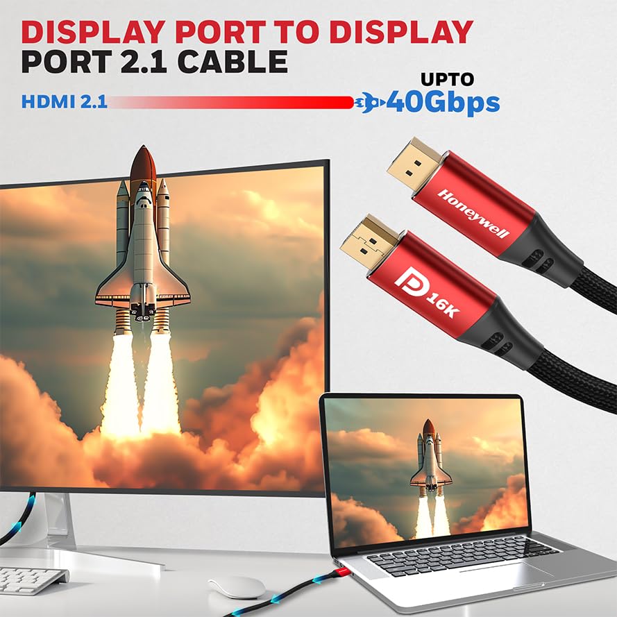 Honeywell Display Port To Display Port 2.1 Cable, 16K@60Hz UHD Resolution, 2 meter, Male to Male, Compatible with TV, Laptop, Projector, Monitor, etc- Black
