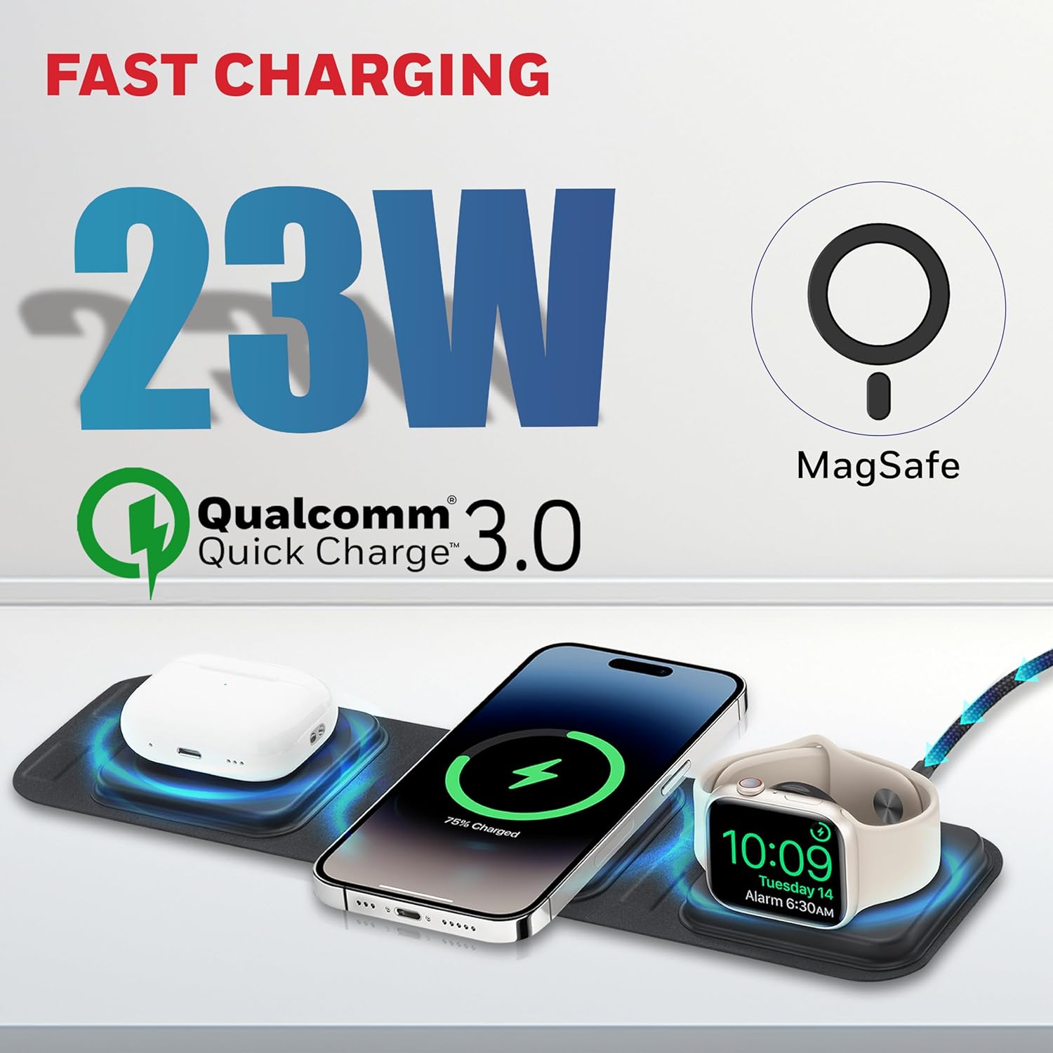 Honeywell Zest Wireless 3-in-1 Magnetic Foldable MagSafe Compatible 23W Wireless Charger for iPhone 12-15, Supports QC 3.0, All Apple Watch Series