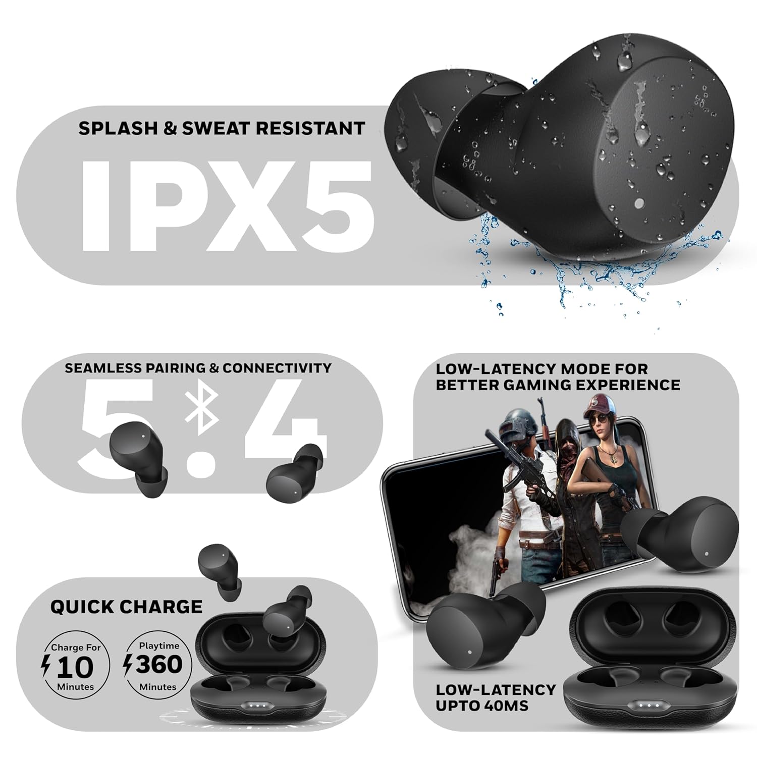 Honeywell Suono P2200 TWS In-Ear Earbuds Bluetooth v5.4, ENC with 2 Mics for HD Calling, 54H Battery Life, Stereo Sound, Deep Bass, IPX5, 40ms low latency Gaming Mode -Black