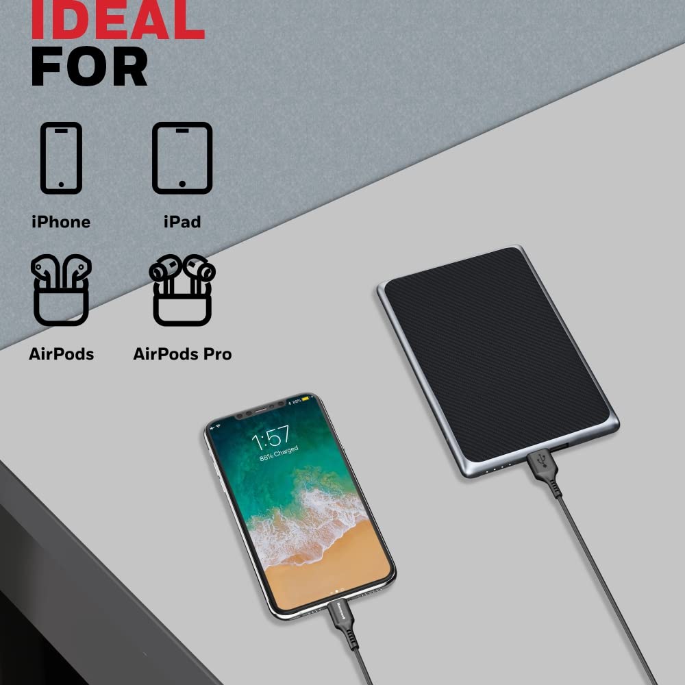 Honeywell USB to iPhone (MFI) Lightning Silicone cable, 6 Feet (1.8M), QC 3.0, 2.4A Max Output, Fast Charge & Sync Cable for iPhone,iPad, Airpods, iPod - Black