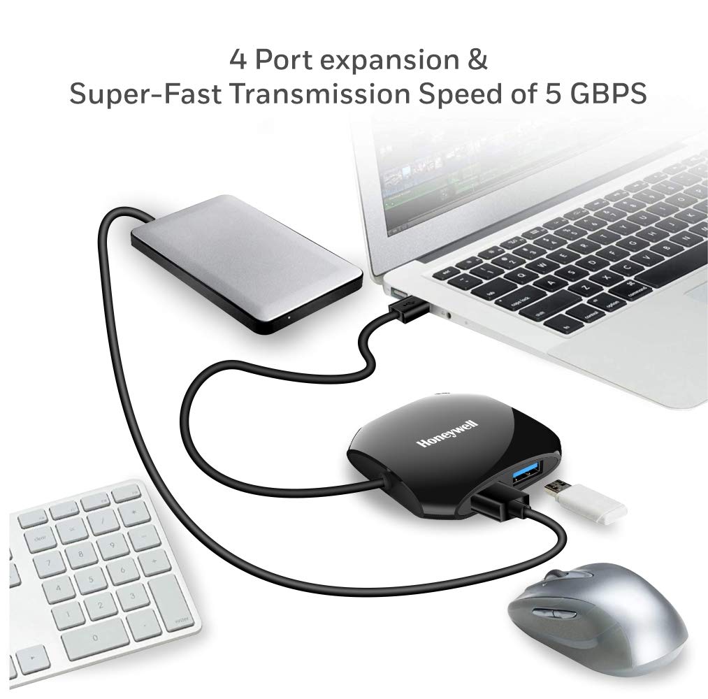 Honeywell Momentum Port 4-1 USB 3.0 Hub, Transmission Speed 5GBPS, Universally Compatible with All USB PC, Laptop, Speaker, Mobile, Pen Drive, Hard Drive, Keyboard Printer, Glossy Black